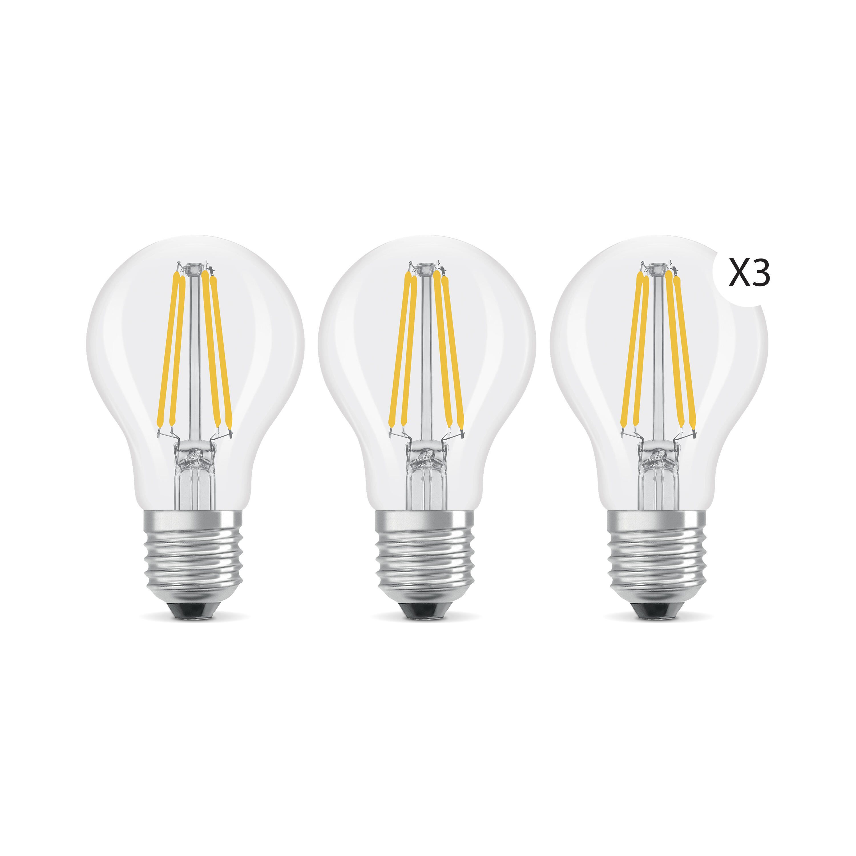 Pack de 3 bombillas LED E27 filamento clase A (mayor ahorro energético) forma estándar 806 lúmenes 3.8W color de la luz blanco cálido 2700K CRI 89-80 luz natural y fiel - 3