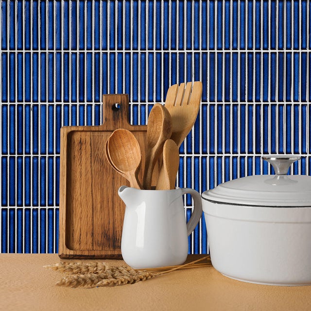Piastrella Mosaico in ceramica Stick Manila blu scuro lucido L 28.4 x L 29.5cm x Sp. 8 mm