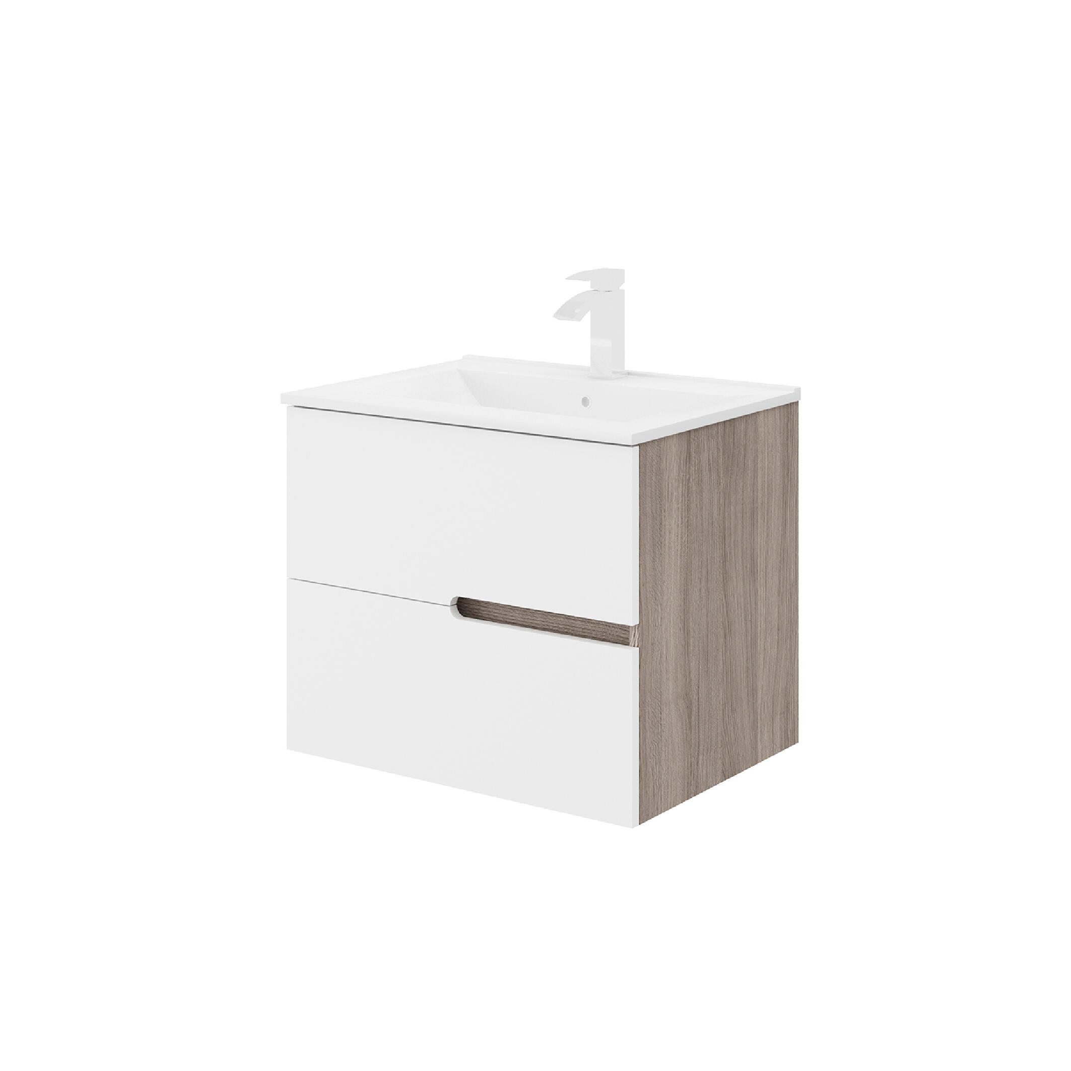 Mobile bagno sospeso con lavabo e illuminazione L 60 x H 53 x P 46.5 cm frontale bianco/laterali rovere fumo 2 cassetti per vasca centrale Eva - 6