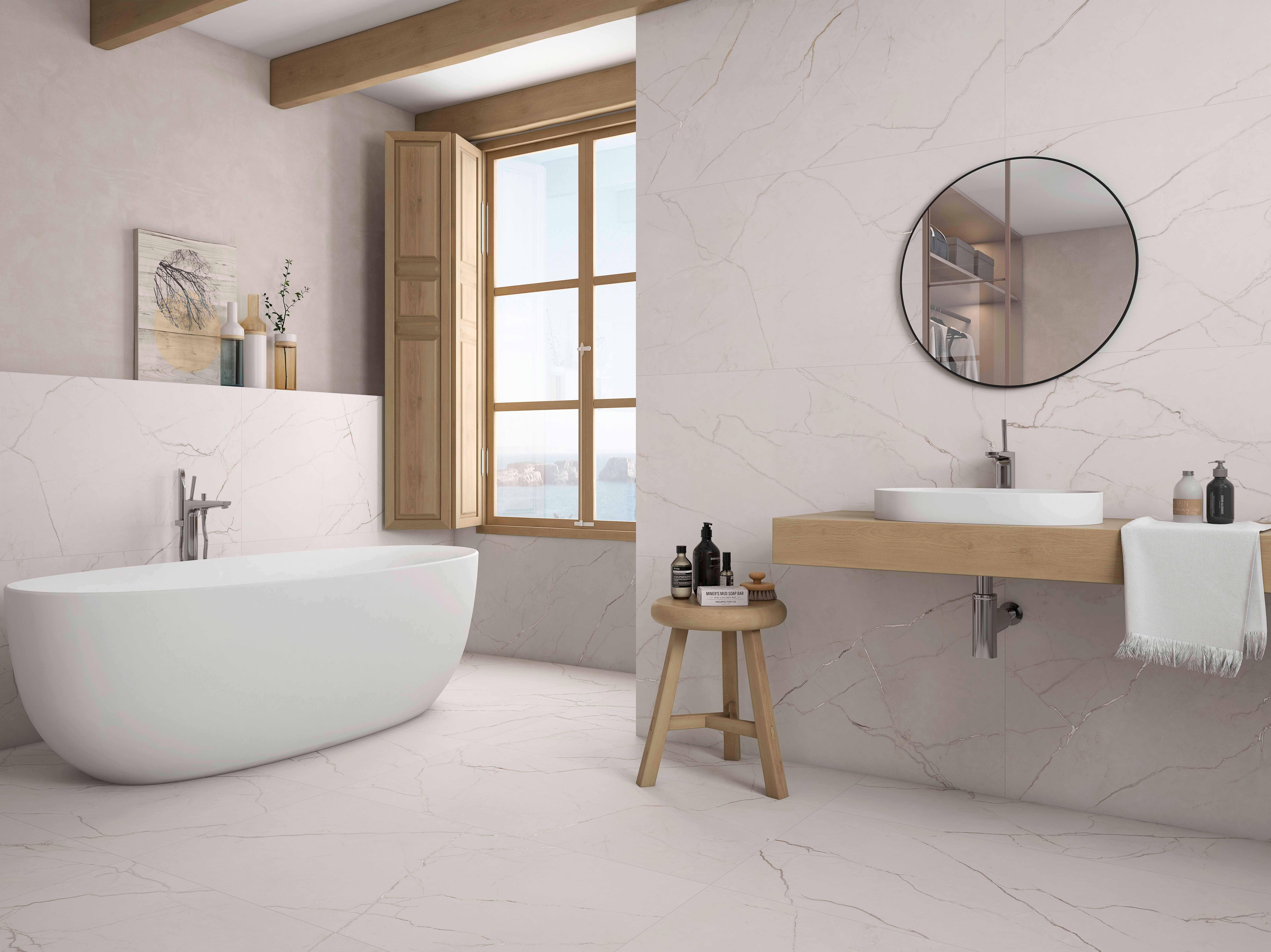 Suelo/azulejo porcelánico lincoln white efecto mármol blanco 60x120 cm c1 roca tiles