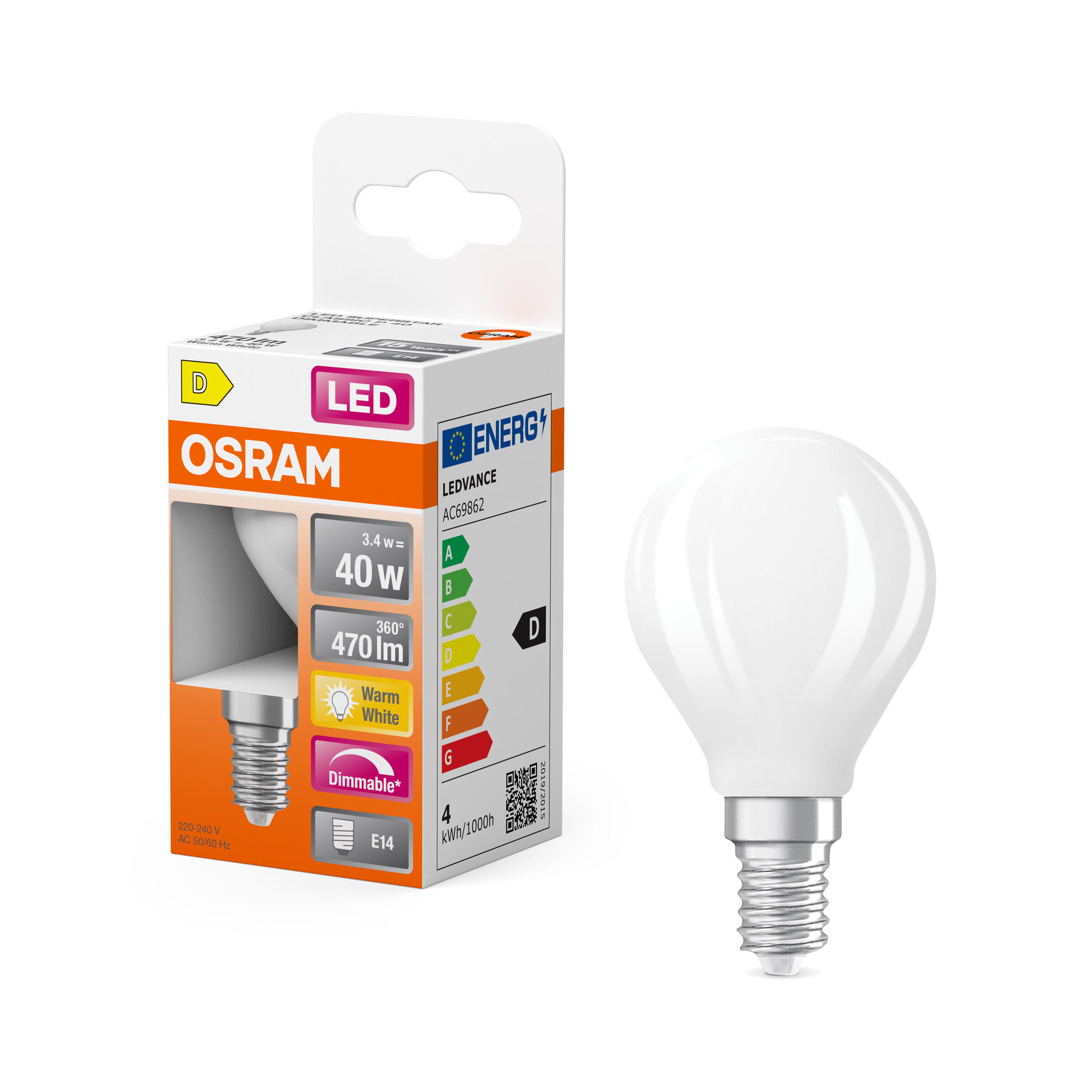 Ampoule led sphérique E14, 470lm = 40W, blanc chaud, dimmable, OSRAM - 2