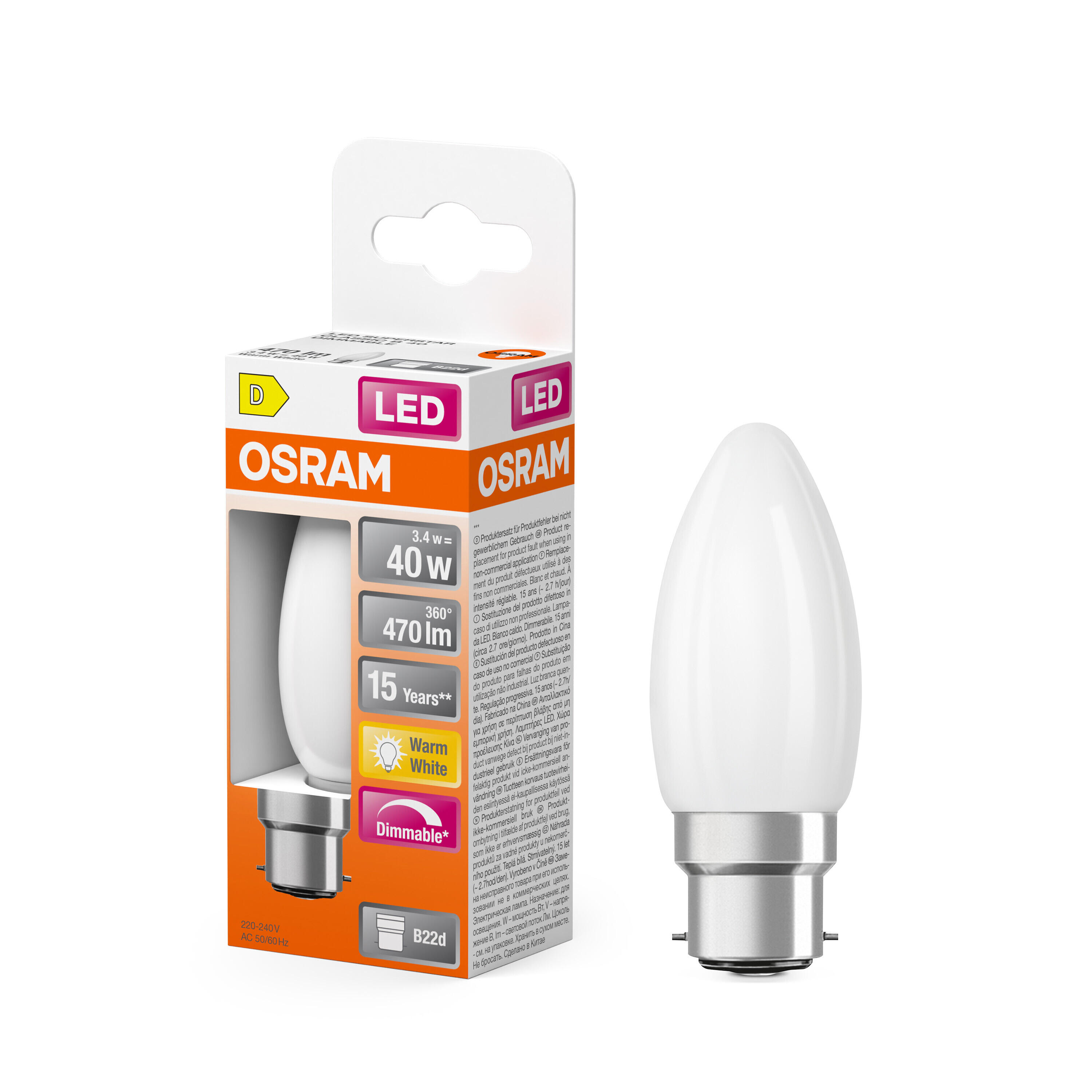 Ampoule led, flamme B22, 470lm = 40W, blanc chaud, dimmable, OSRAM - 2