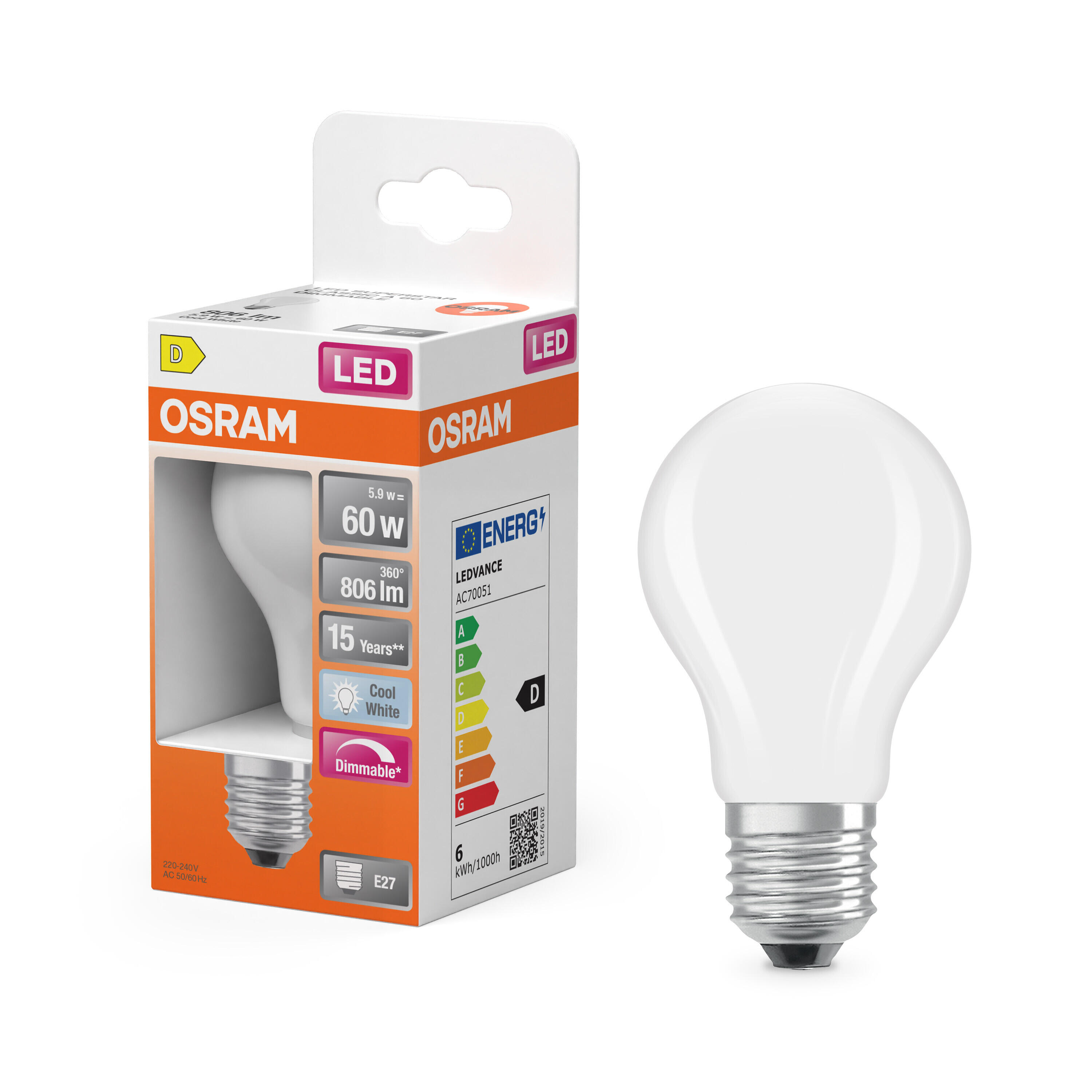 Ampoule led, E27, 806lm = 60W, blanc neutre, dimmable, OSRAM - 2