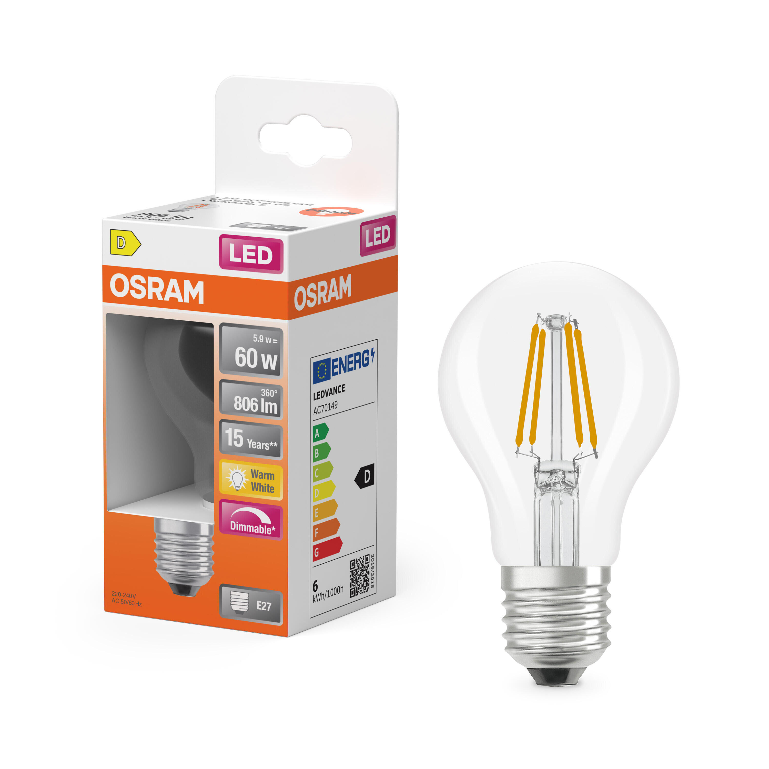 Ampoule led, E27, 806lm = 60W, blanc chaud, dimmable, OSRAM - 2