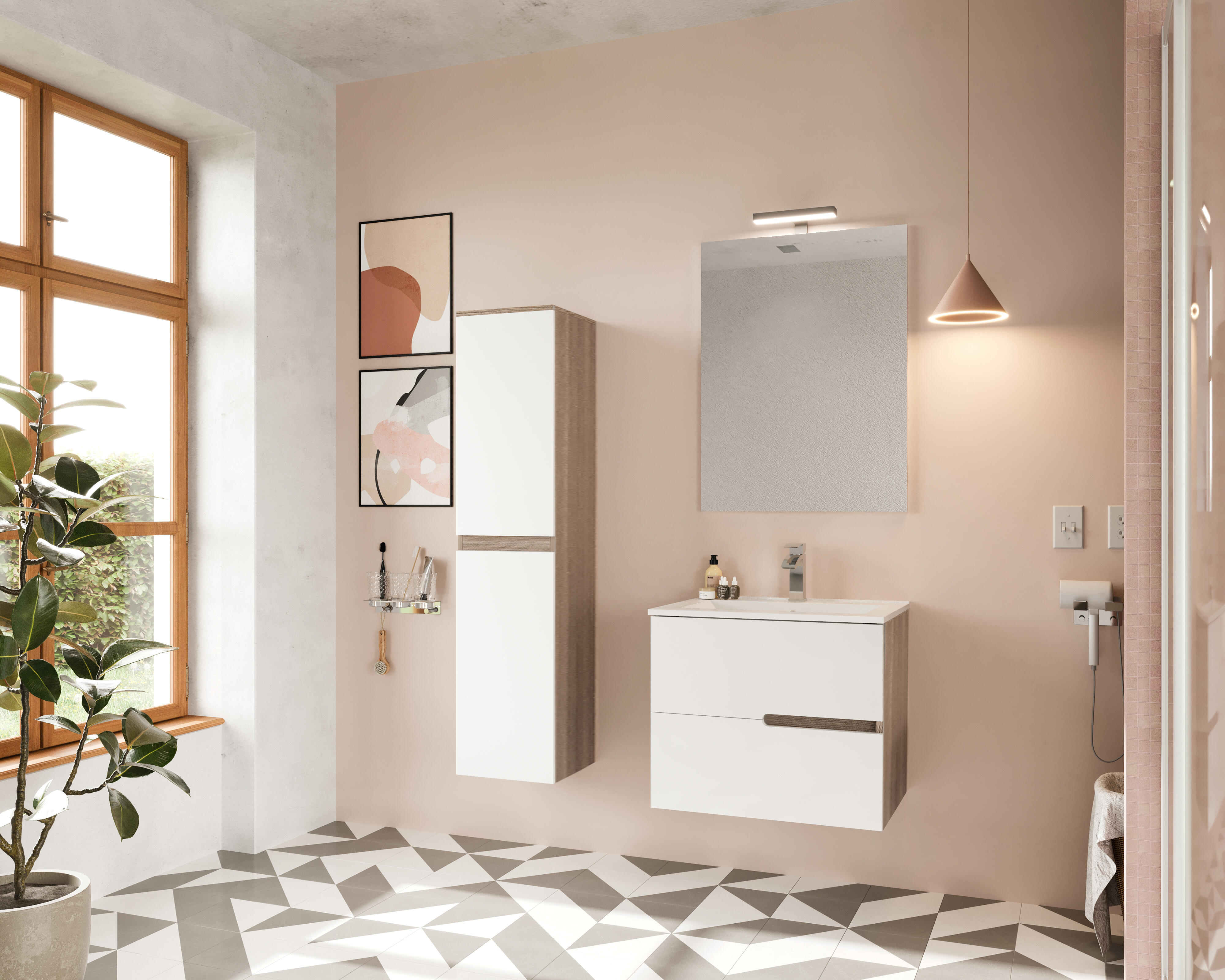 Mobile bagno sospeso con lavabo e illuminazione L 60 x H 53 x P 46.5 cm frontale bianco/laterali rovere fumo 2 cassetti per vasca centrale Eva - 2