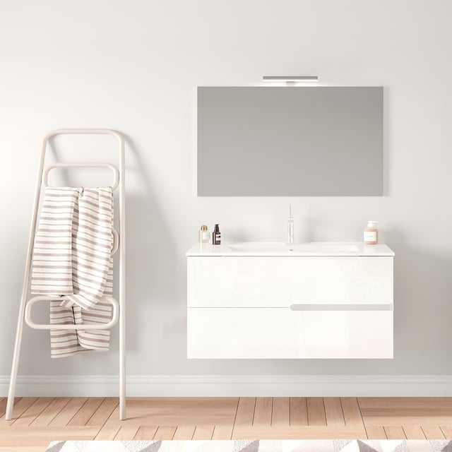 Mobile bagno sospeso con lavabo e illuminazione L 100 x H 51 x P 46 cm bianco in mdf 2 cassetti per vasca centrale Eva