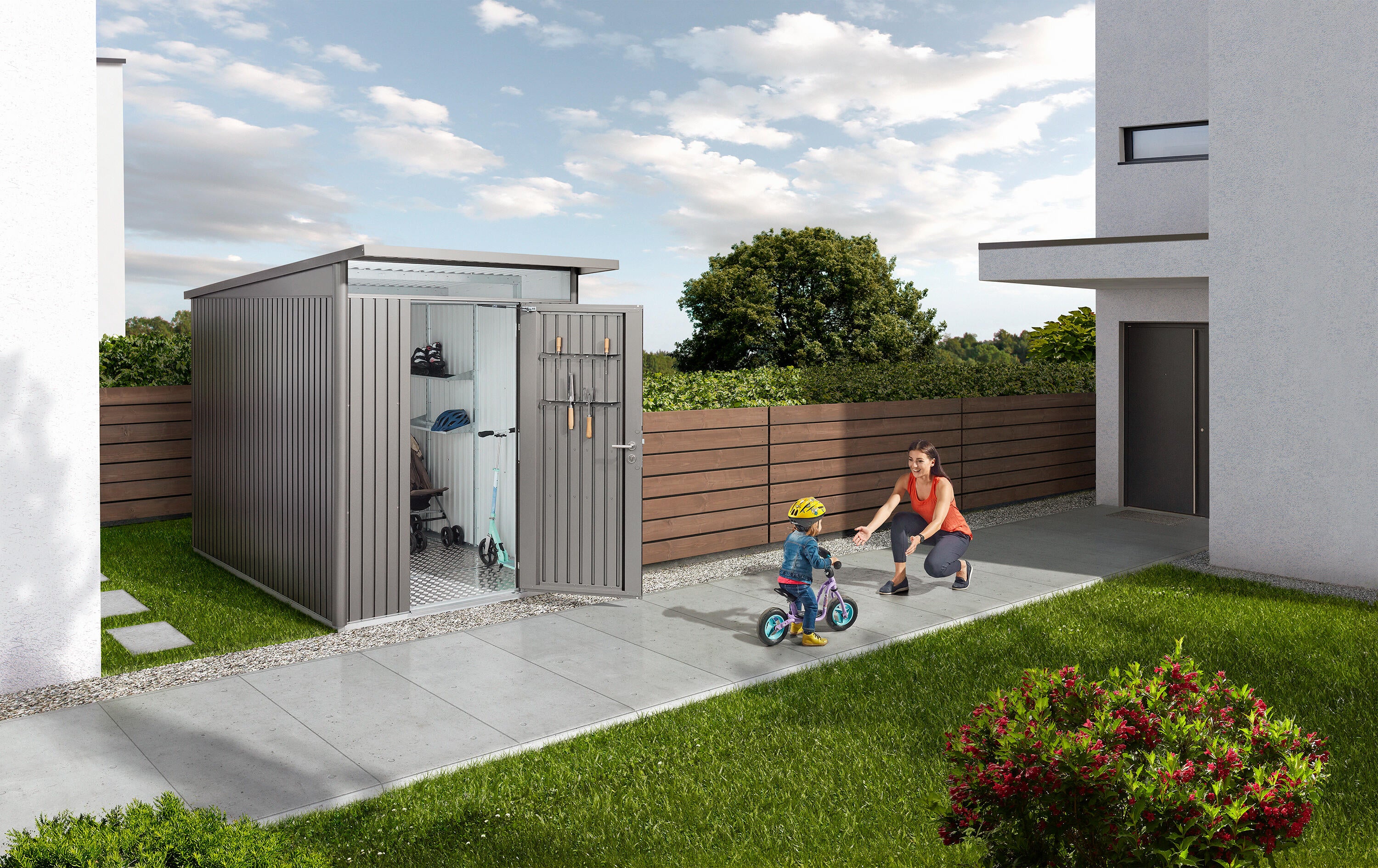caseta de metal avantgarde eco a4 de 180x222x380 cm y 684 m2 con 05 mm espesor y puerta abatible biohort