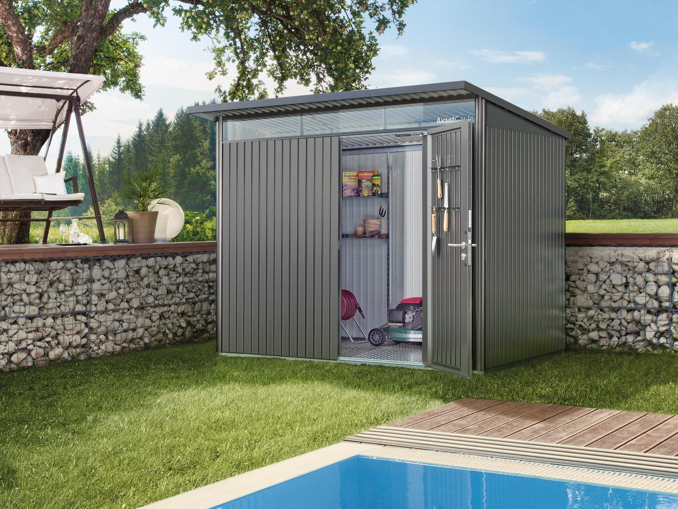 caseta de metal avantgarde eco a1 de 180x218x220 cm y 396 m2 con 05 mm espesor y puerta abatible biohort