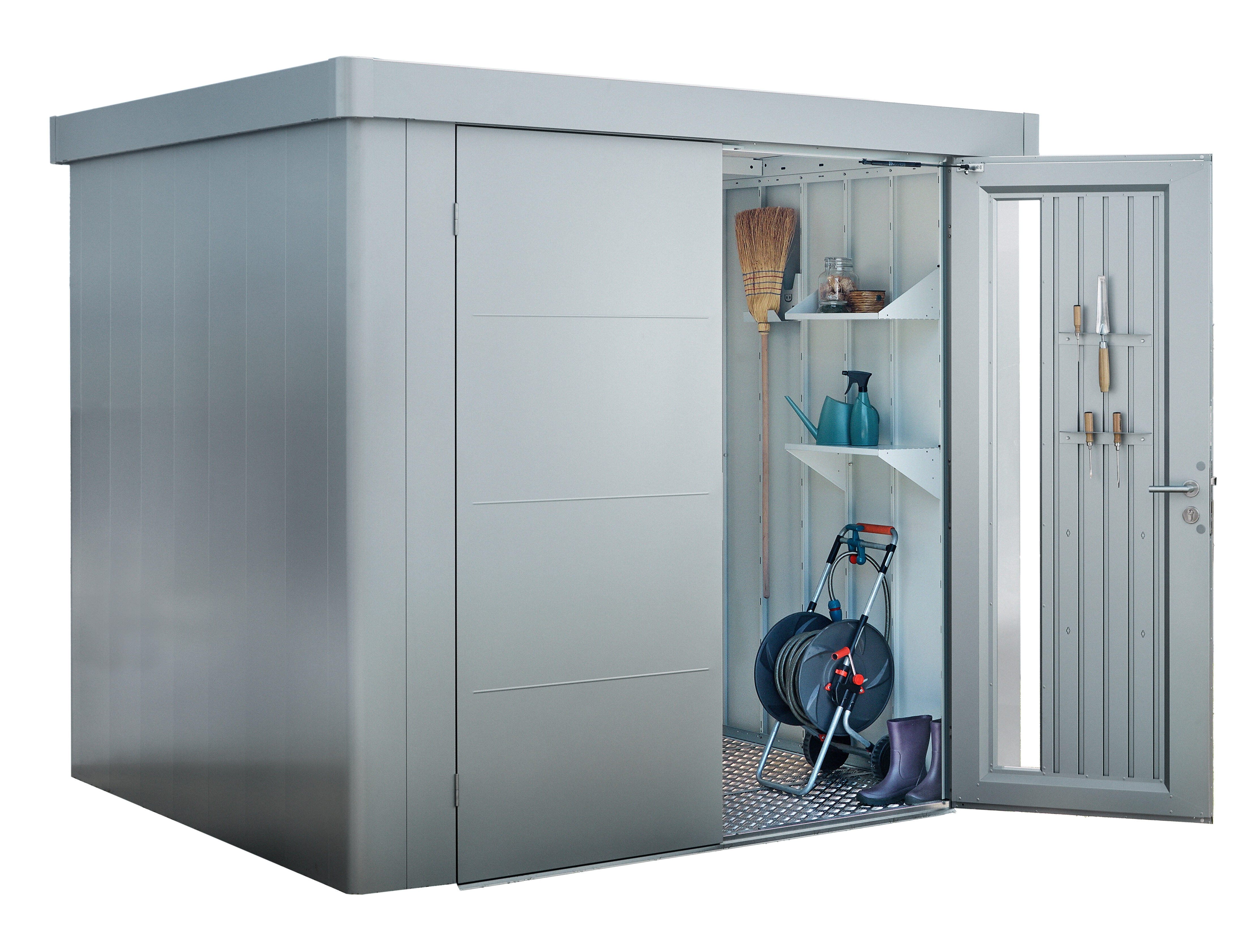 caseta de metal neo 2b de 236x222x236 cm y 557 m2 con 05 mm espesor y doble puerta abatible biohort