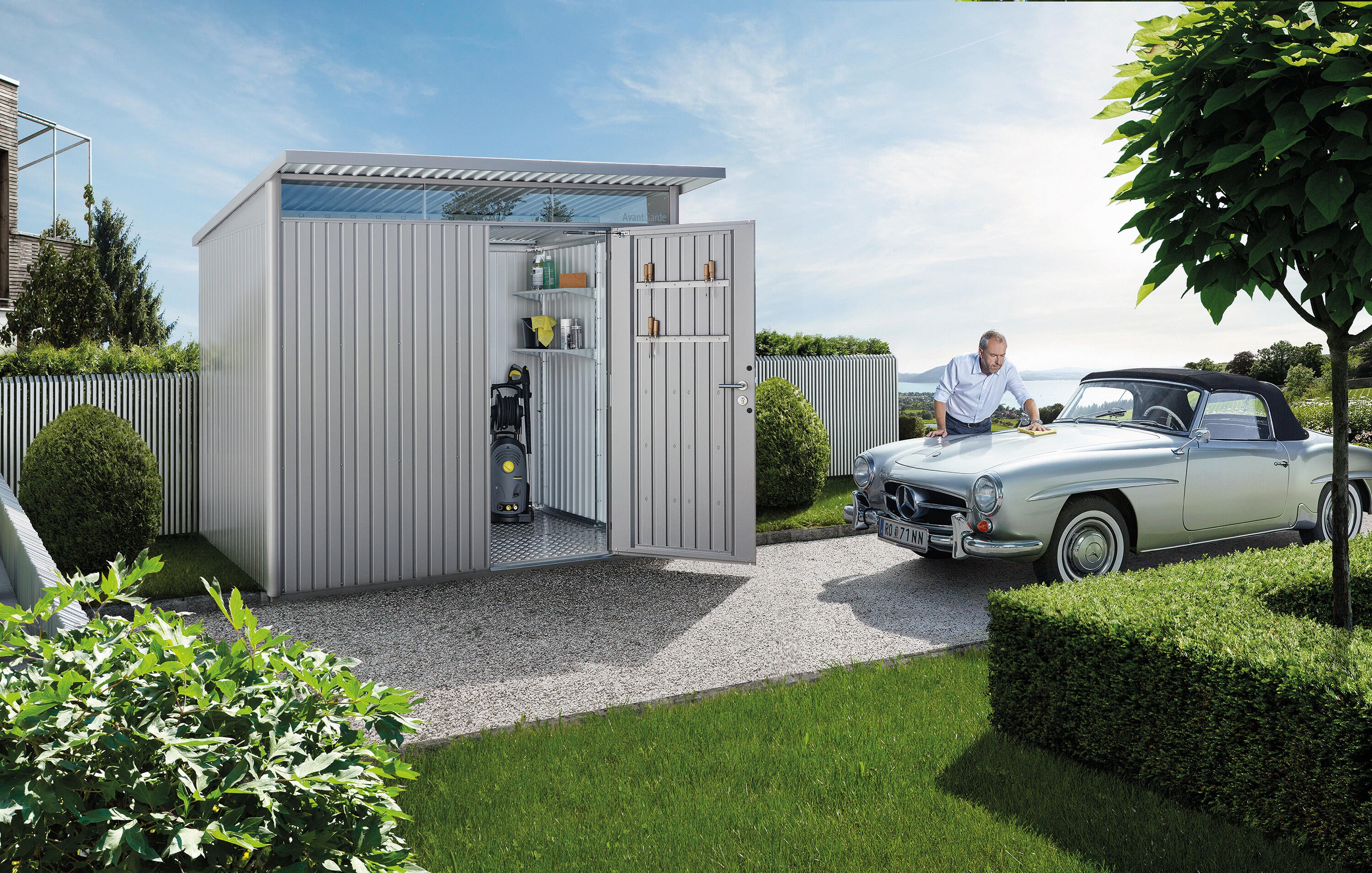 Caseta de metal avantgarde eco a5 de 260x218x220 cm y 5.72 m2 con 0.5 mm espesor y puerta abatible biohort