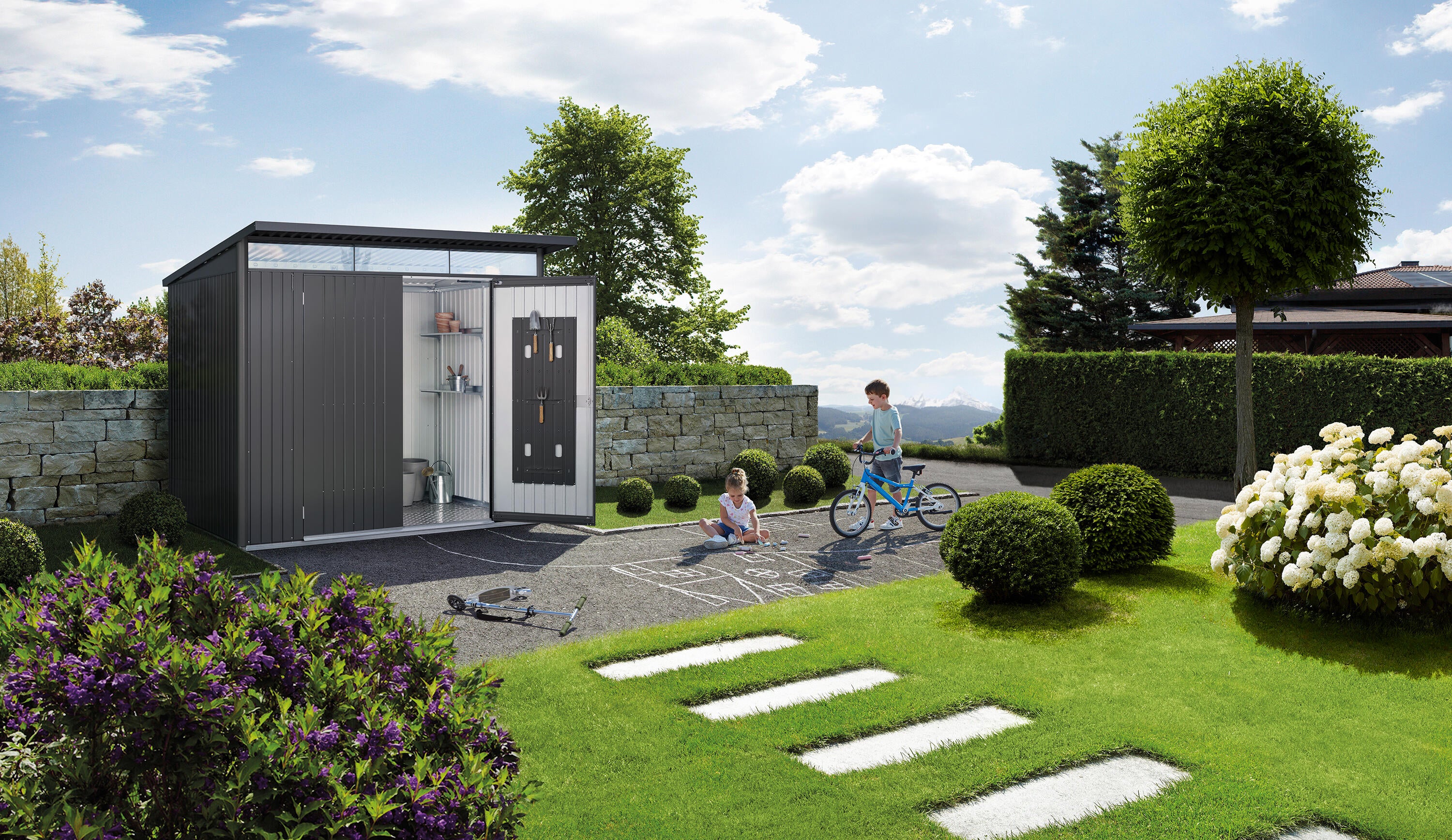 caseta de metal avantgarde eco a8 de 260x222x380 cm y 988 m2 con 05 mm espesor y doble puerta abatible biohort