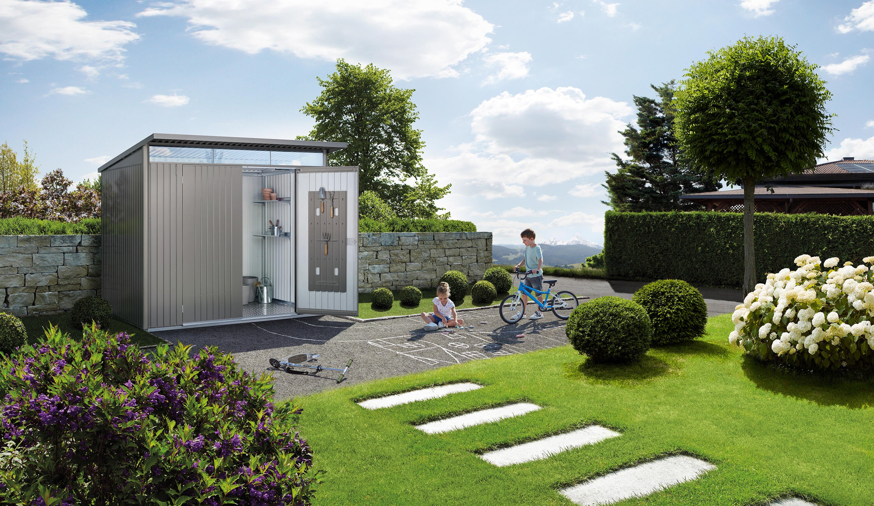 Caseta de metal avantgarde eco a6 de 260x218x260 cm y 6.76 m2 con 0.5 mm espesor y doble puerta abatible biohort