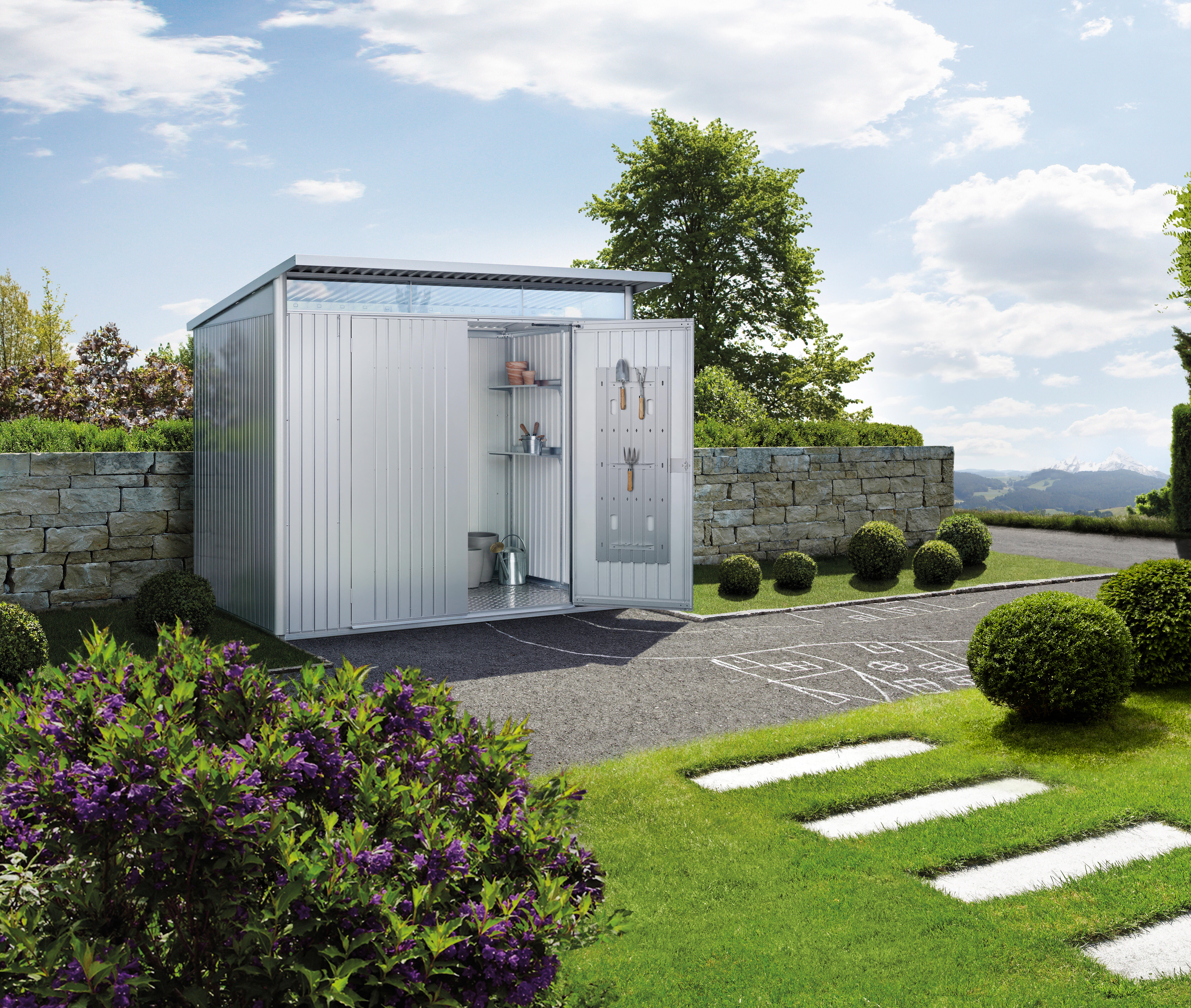 caseta de metal avantgarde eco a8 de 260x222x380 cm y 988 m2 con 05 mm espesor y doble puerta abatible biohort