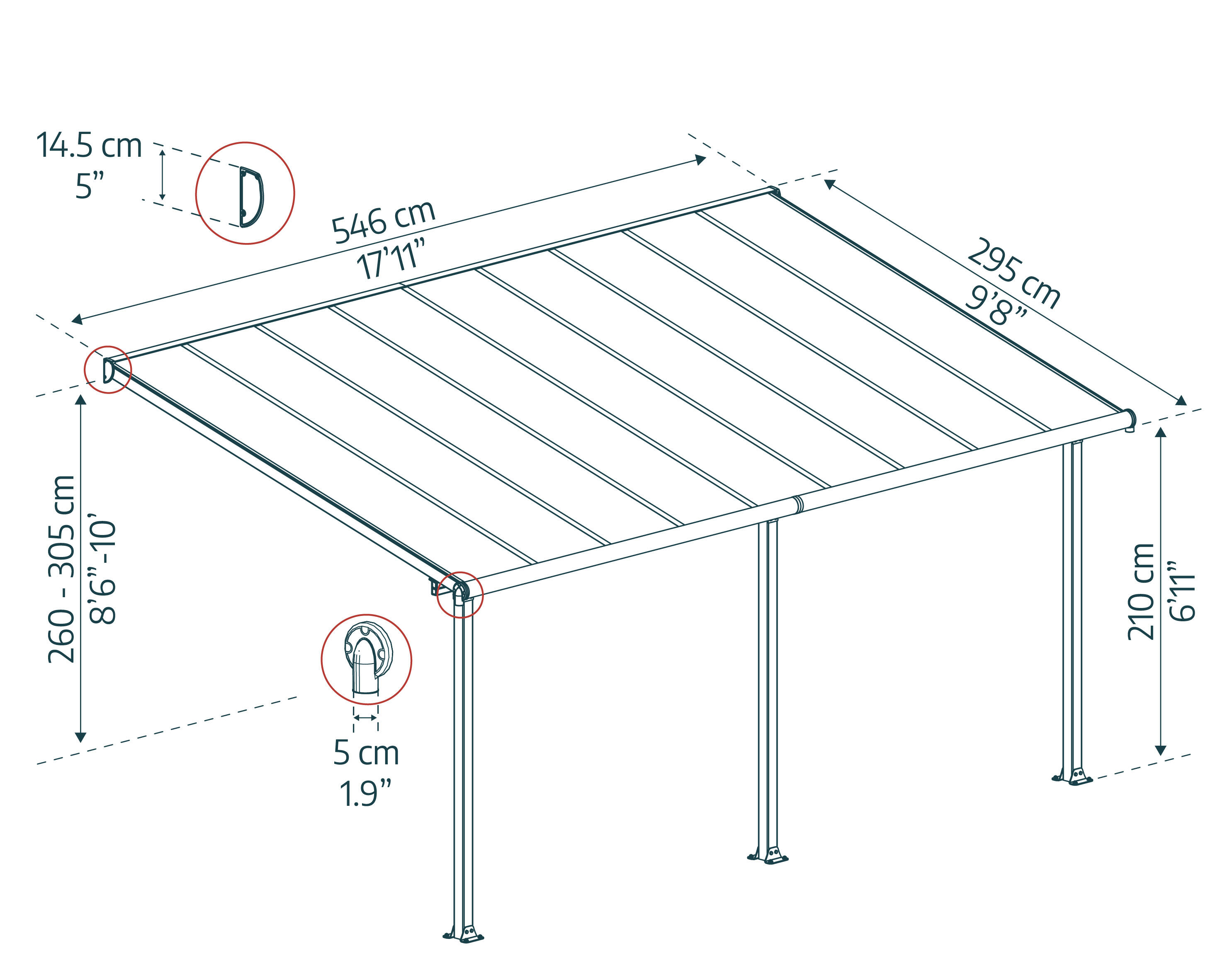 Pergola in alluminio bianco addossata copertura mobile senza rivestimento 300x546 cm - Olympia CANOPIA BY PALRAM - 19