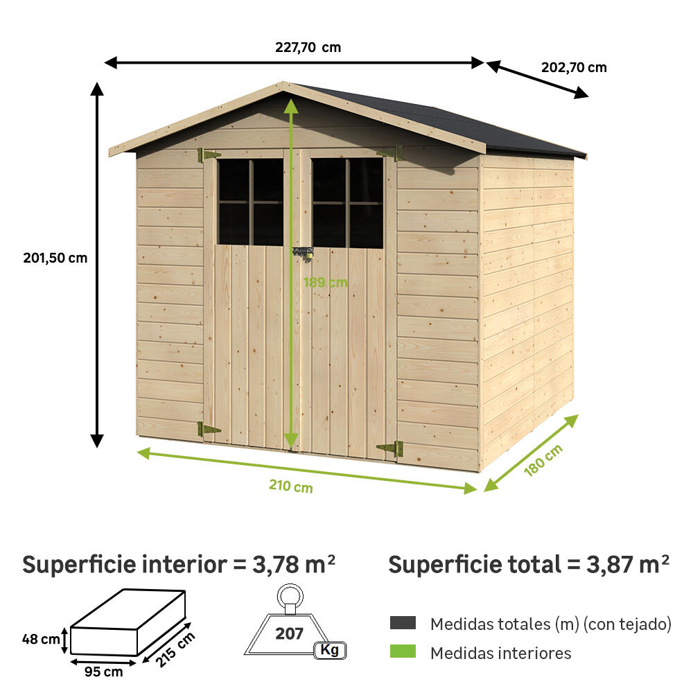 Caseta de madera Durmitor de 227.7x201.5x202.7 cm y 3.87 m2 con 12 mm espesor y doble puerta abatible NATERIAL - 2