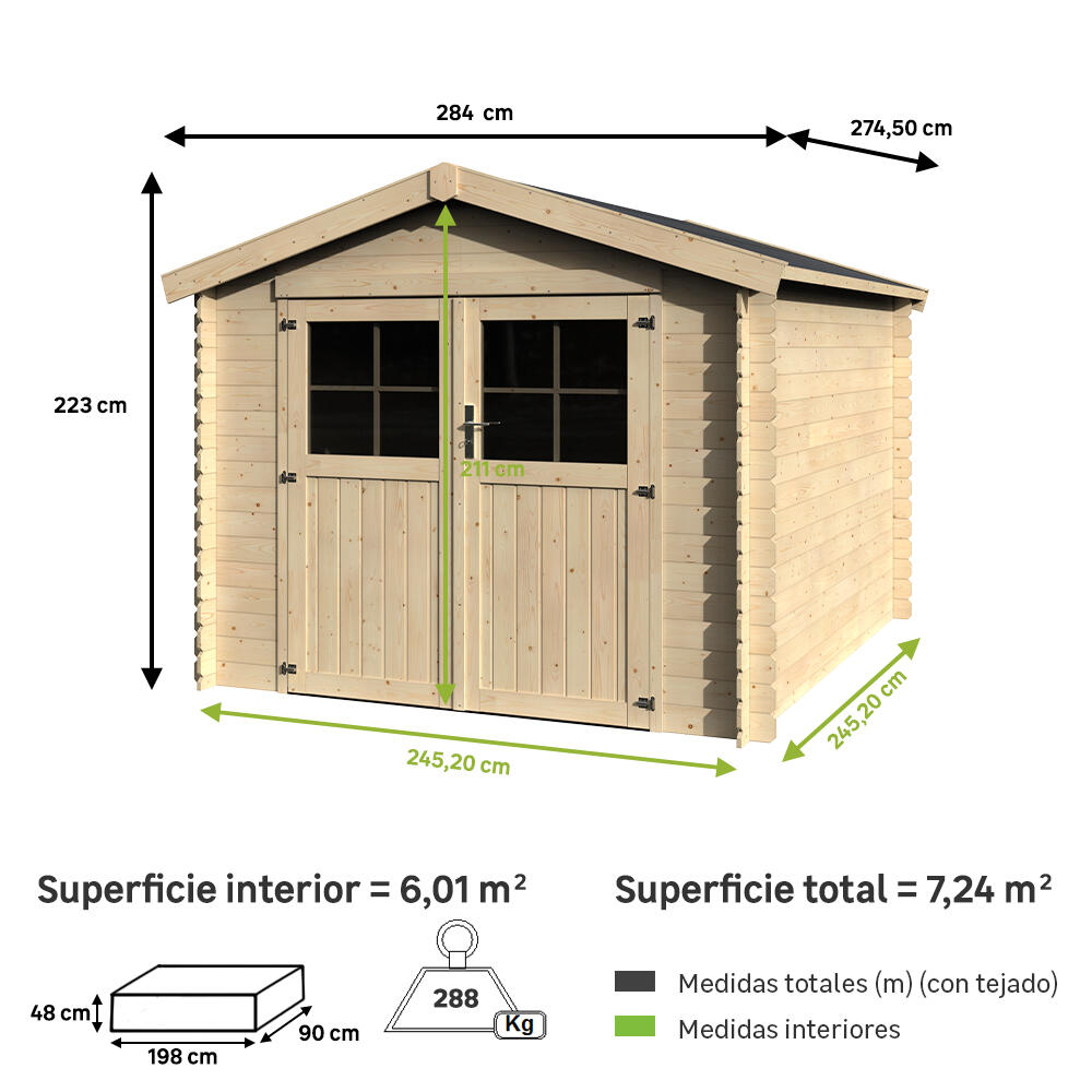 Caseta de madera Andes de 284x223x274.5 cm y 7.24 m2 con 19 mm espesor y doble puerta abatible NATERIAL - 2
