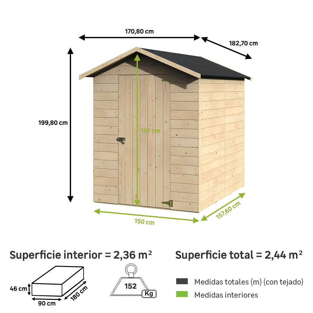 Caseta de madera Dolomita de 170.8x199.8x182.7 cm y 2.44 m2 con 12 mm espesor y puerta abatible NATERIAL - 2