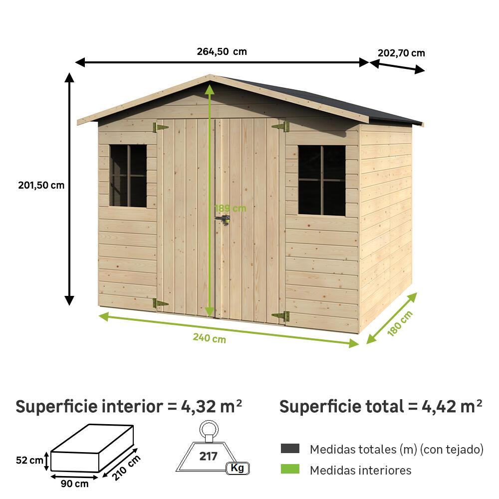 Caseta de madera Denali de 264.5x201.5x202.7 cm y 4.42 m2 con 12 mm espesor y doble puerta abatible NATERIAL - 2