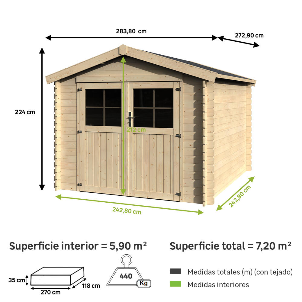 Caseta de madera Triver de 283.8x224x272.9 cm y 7.2 m2 con 28 mm espesor y doble puerta abatible NATERIAL - 2