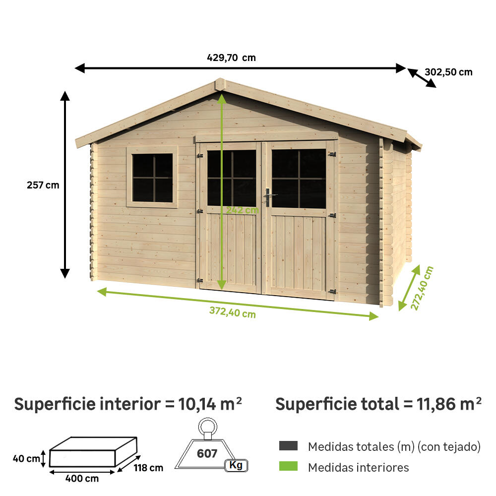 Caseta de madera Eiger de 429.7x257x302.5 cm y 11.86 m2 con 34 mm espesor y doble puerta abatible NATERIAL - 2