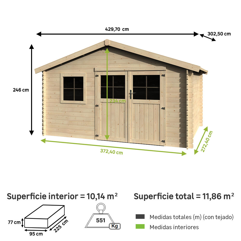 Caseta de madera Tahtali de 429.7x246x302.5 cm y 13 m2 con 28 mm espesor doble puerta abatible NATERIAL - 2