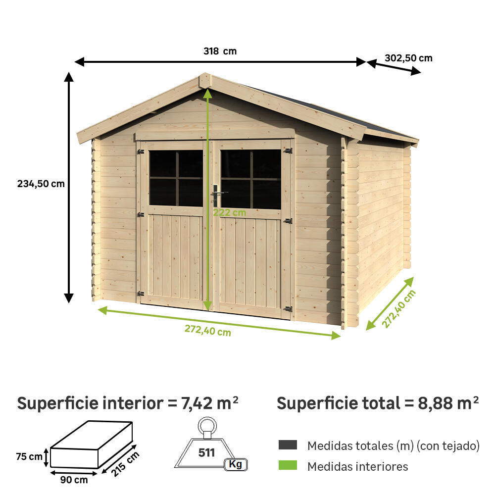 Caseta de madera Tanaga de 318x234.5x302.5 cm y 8.88 m2 con 28 mm espesor y doble puerta abatible NATERIAL - 2
