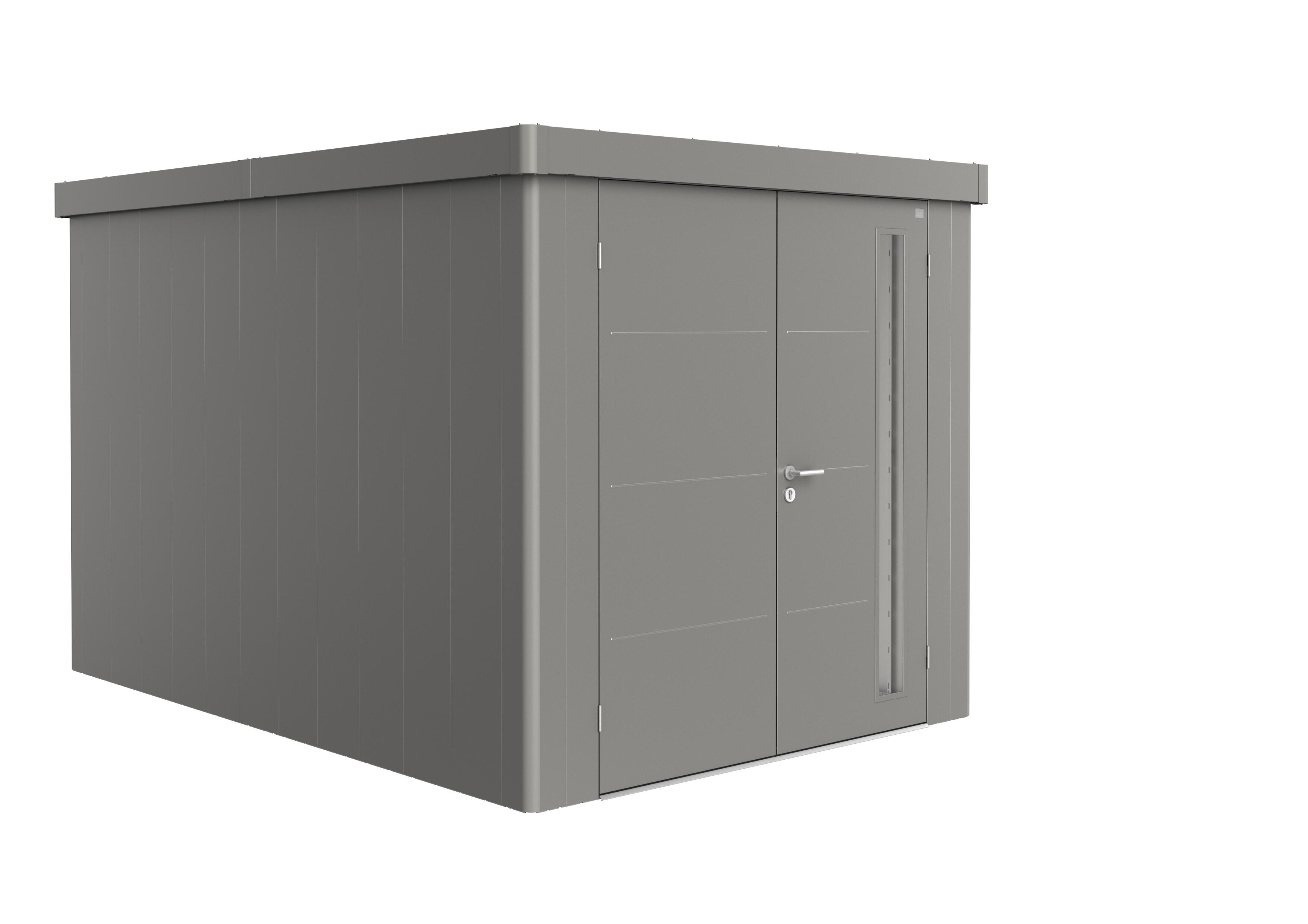 caseta de metal neo 4b de 236x222x348 cm y 821 m2 con 05 mm espesor y doble puerta abatible biohort