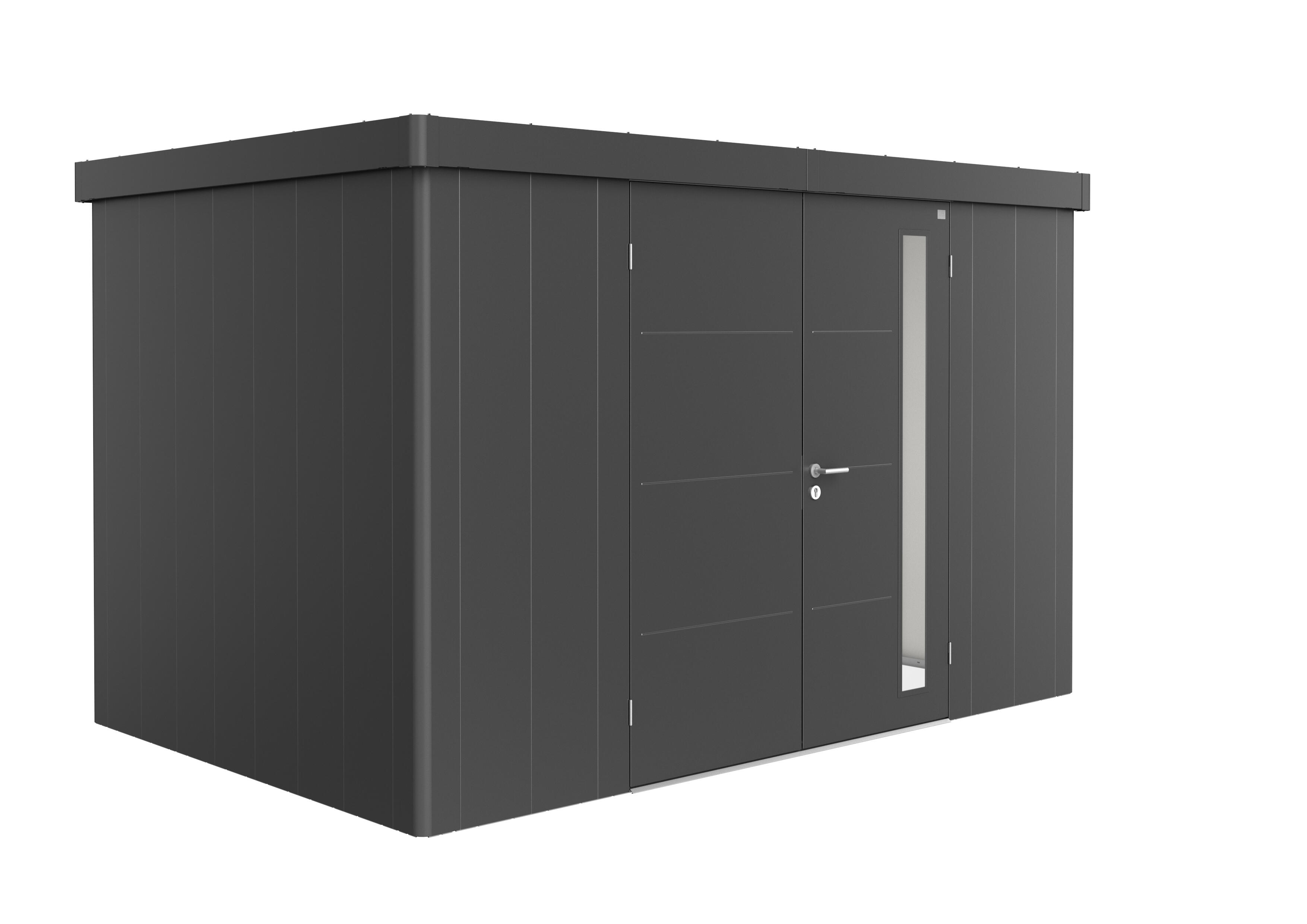 caseta de metal neo 2d de 348x222x236 cm y 821 m2 con 05 mm espesor y doble puerta abatible biohort