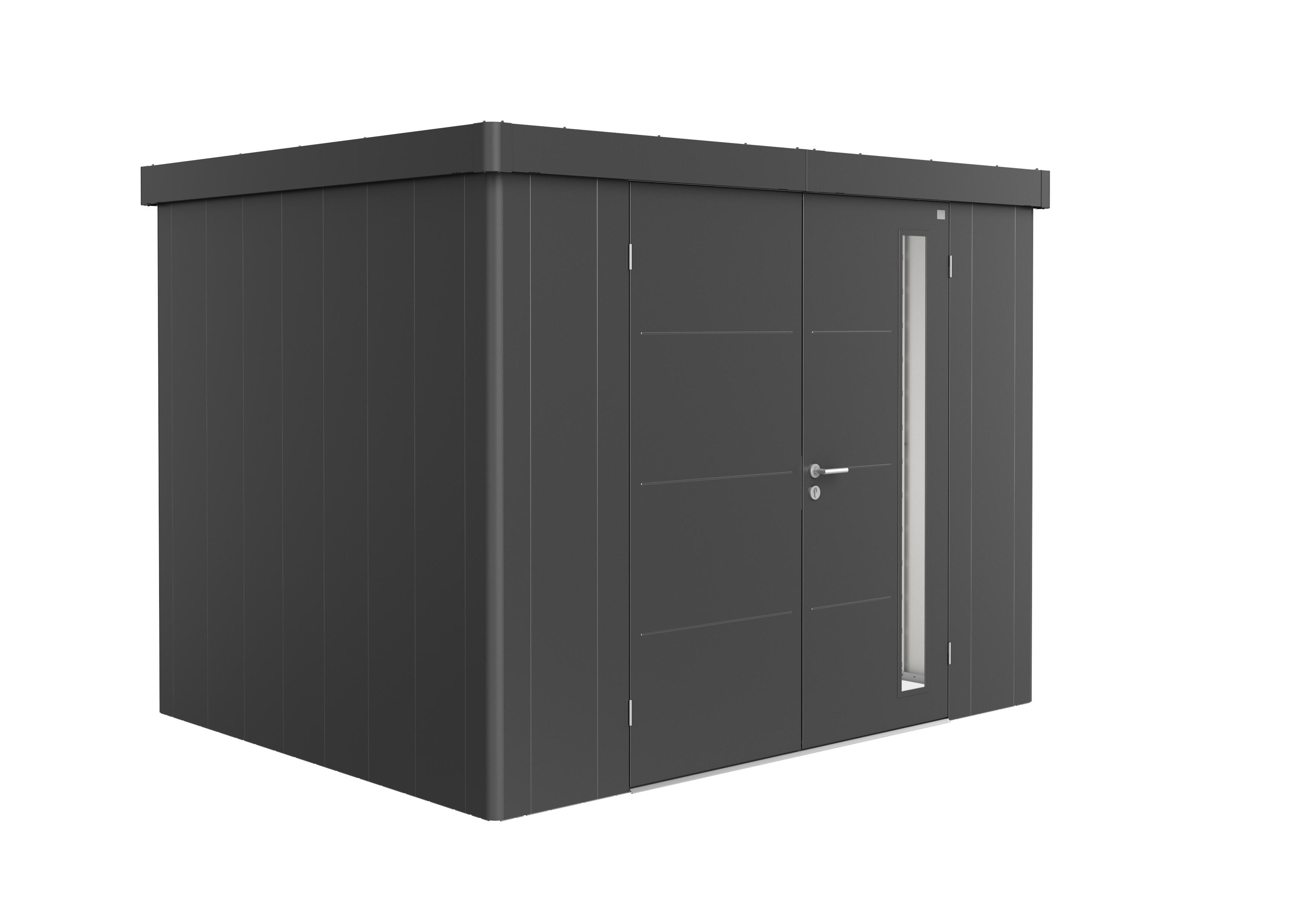 caseta de metal neo 2c de 292x222x236 cm y 689 m2 con 05 mm espesor y doble puerta abatible biohort