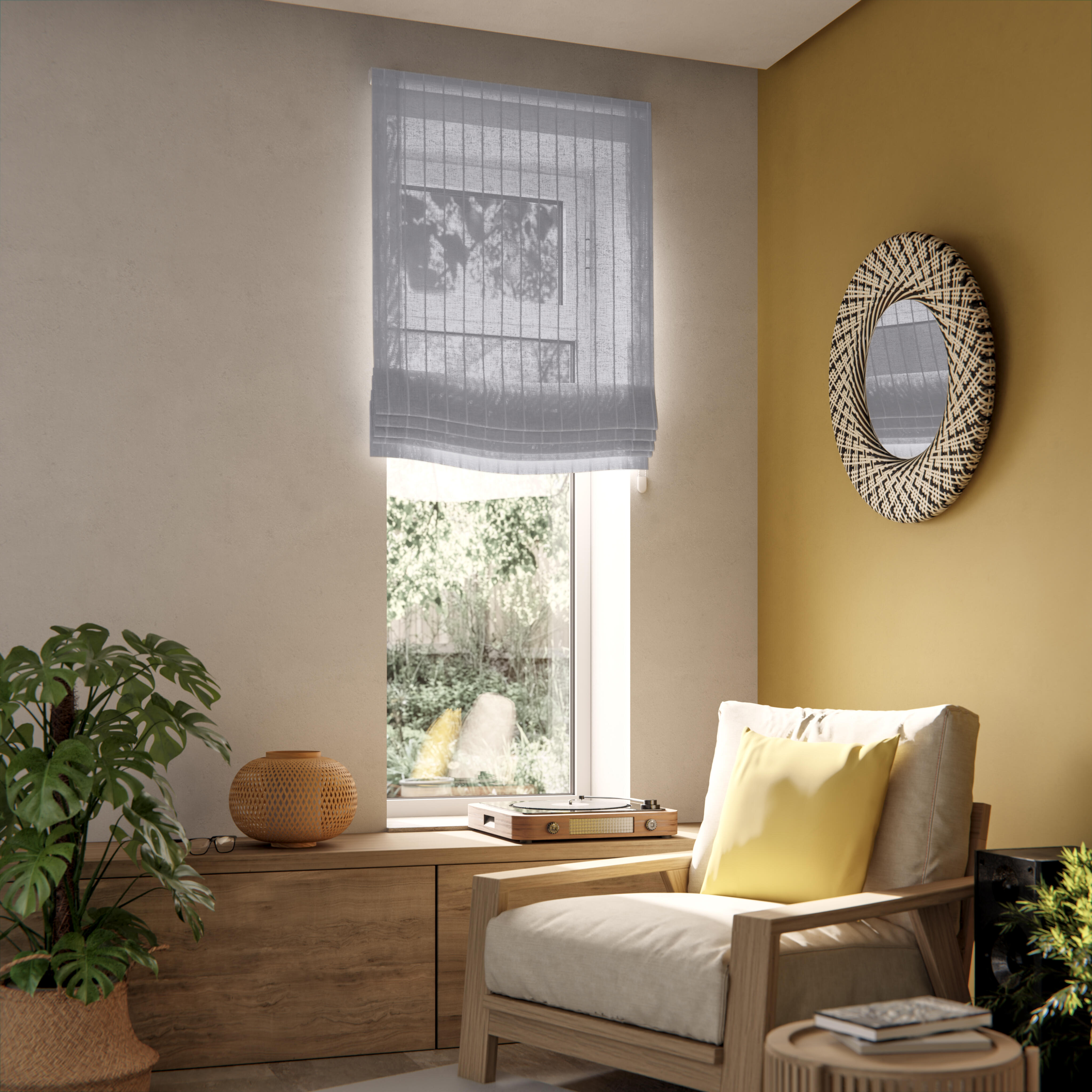 Estor plegable paqueto semi-trasparente con cadena mongomeri poliéster rayas gris de 75x175 cm