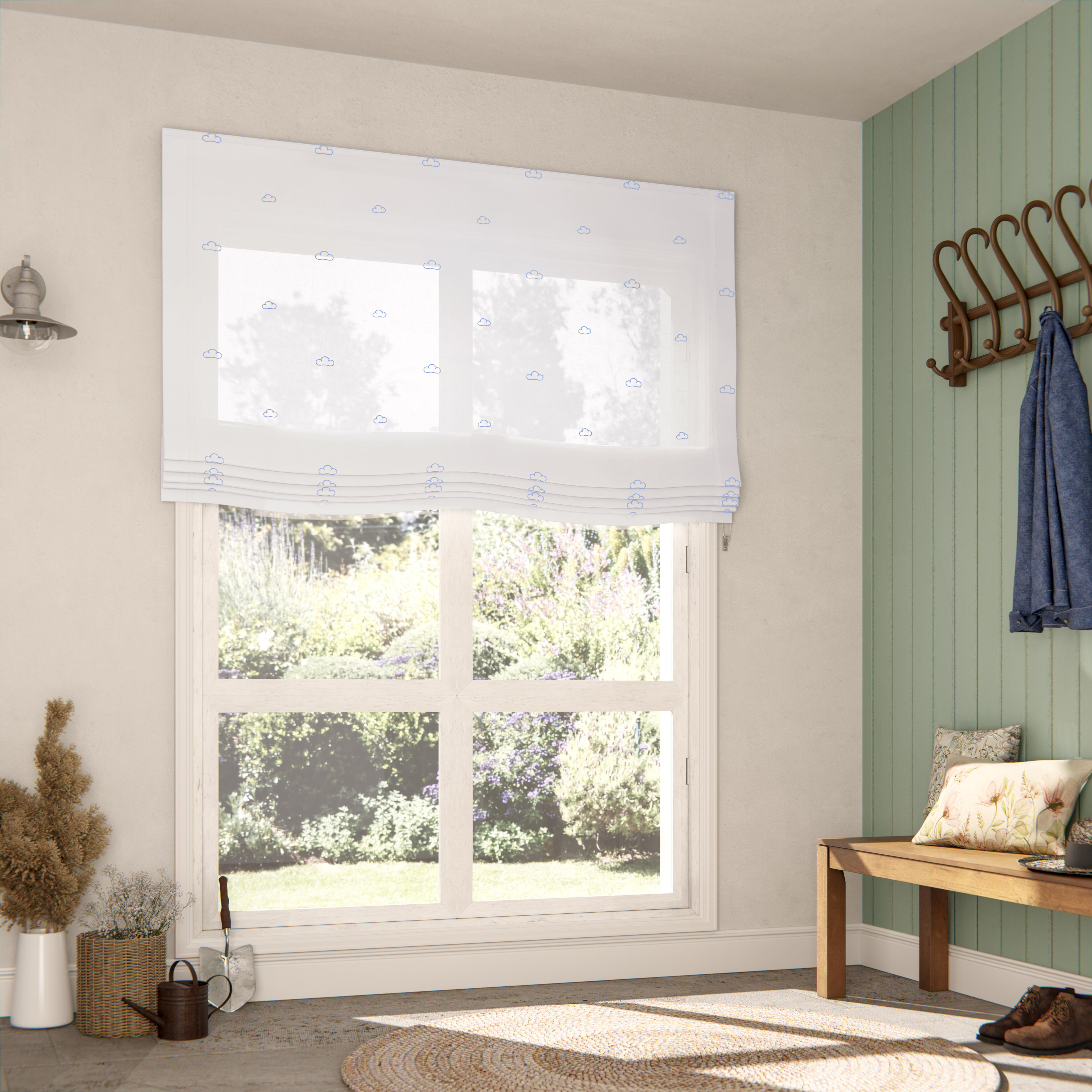 Estor plegable paqueto semi-trasparente con cadena nubes poliéster nube azul de 135x175 cm