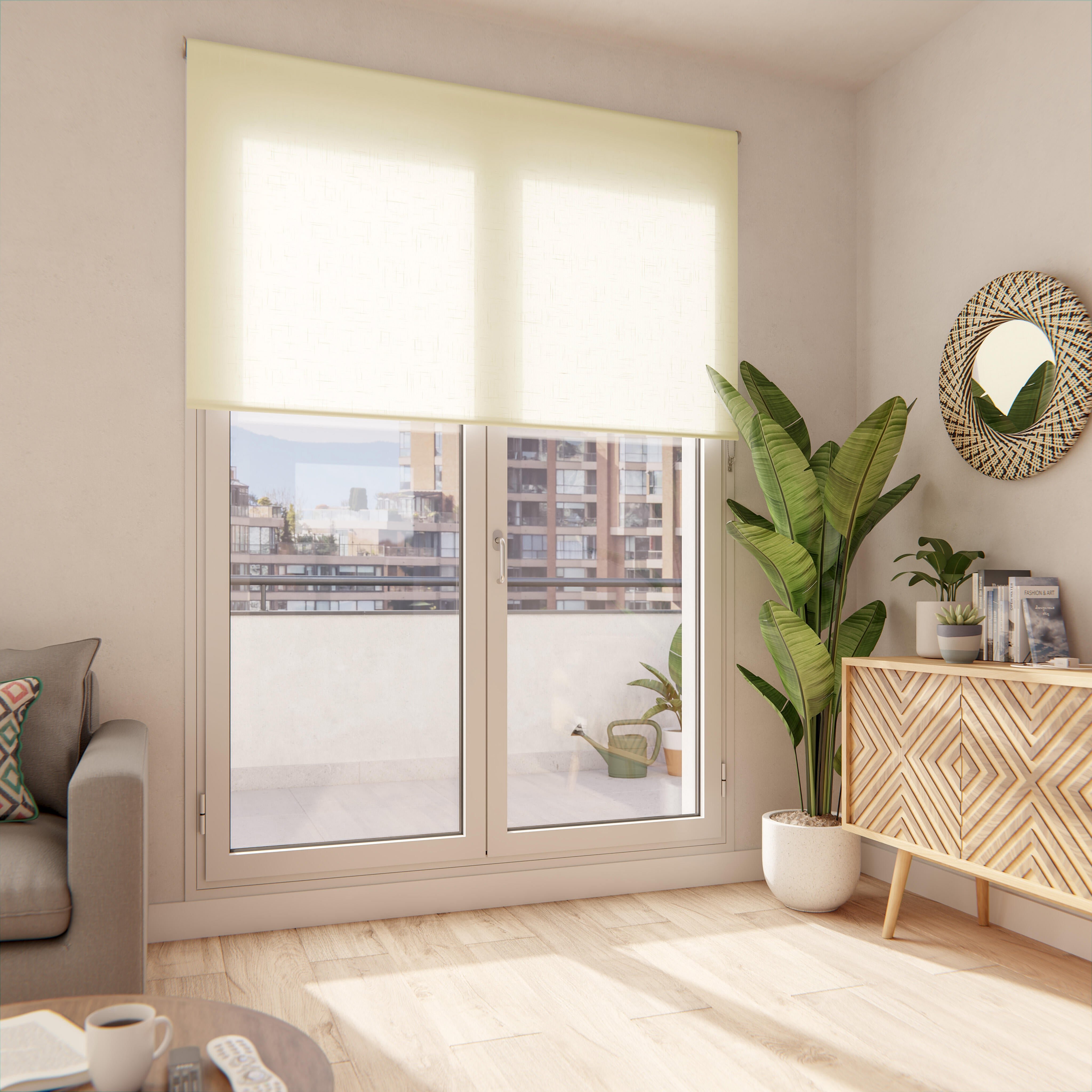 Estor enrollable translúcido con cadena shape poliéster con líneas marfil de 220x250cm