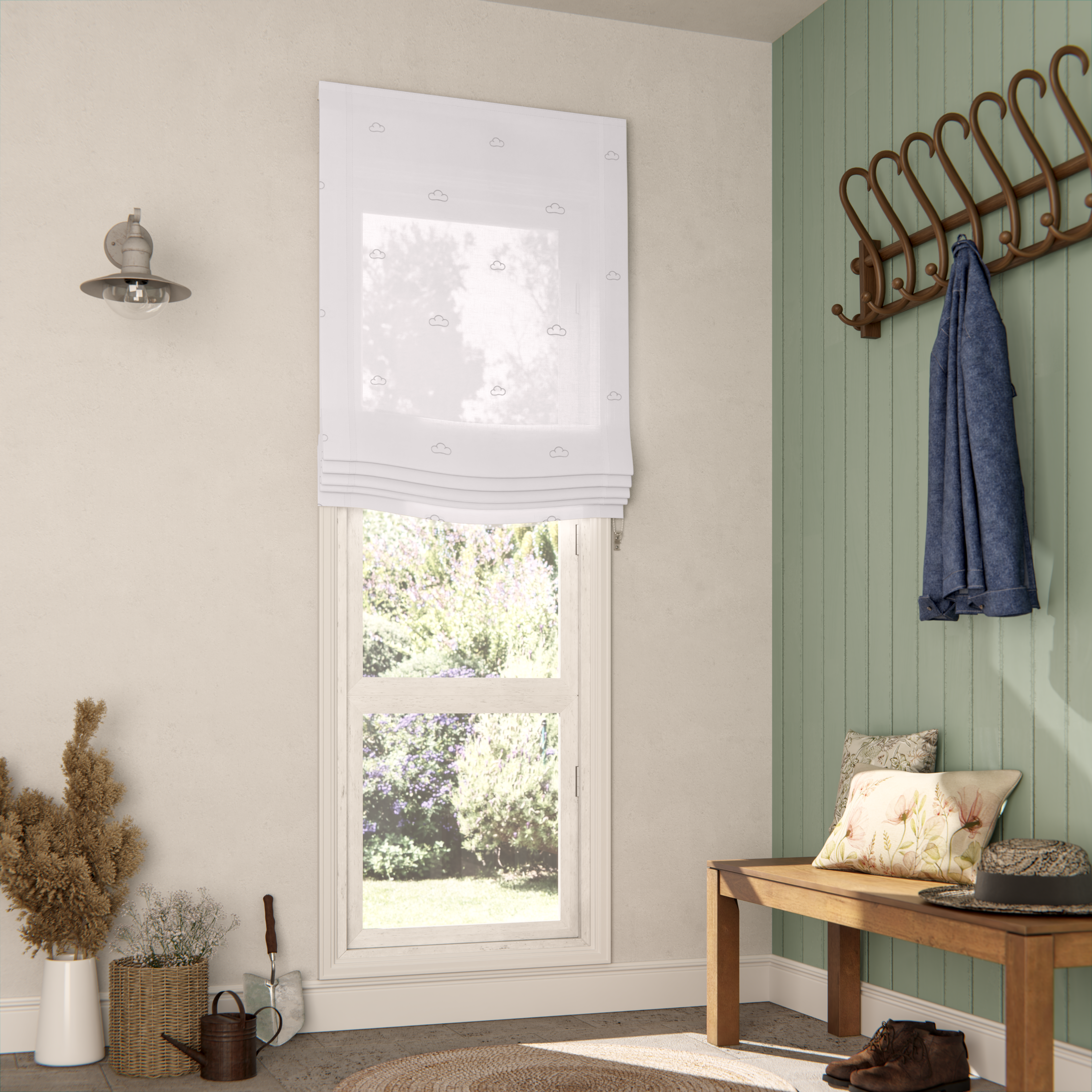 Estor plegable paqueto semi-trasparente con cadena nubes poliéster nube gris de 75x175 cm