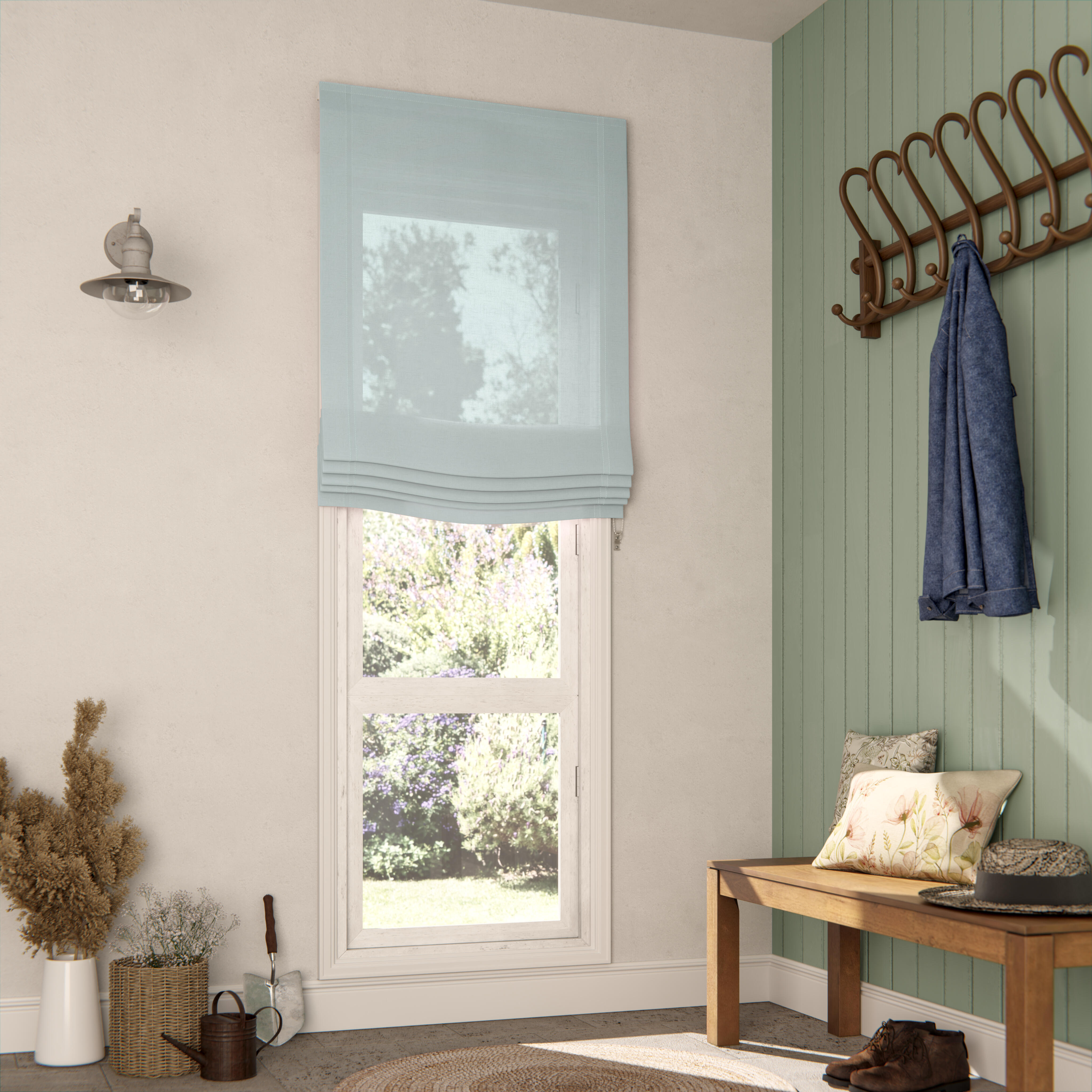 Estor plegable paqueto semi-trasparente con cadena aire algodón liso verde de 105x175 cm