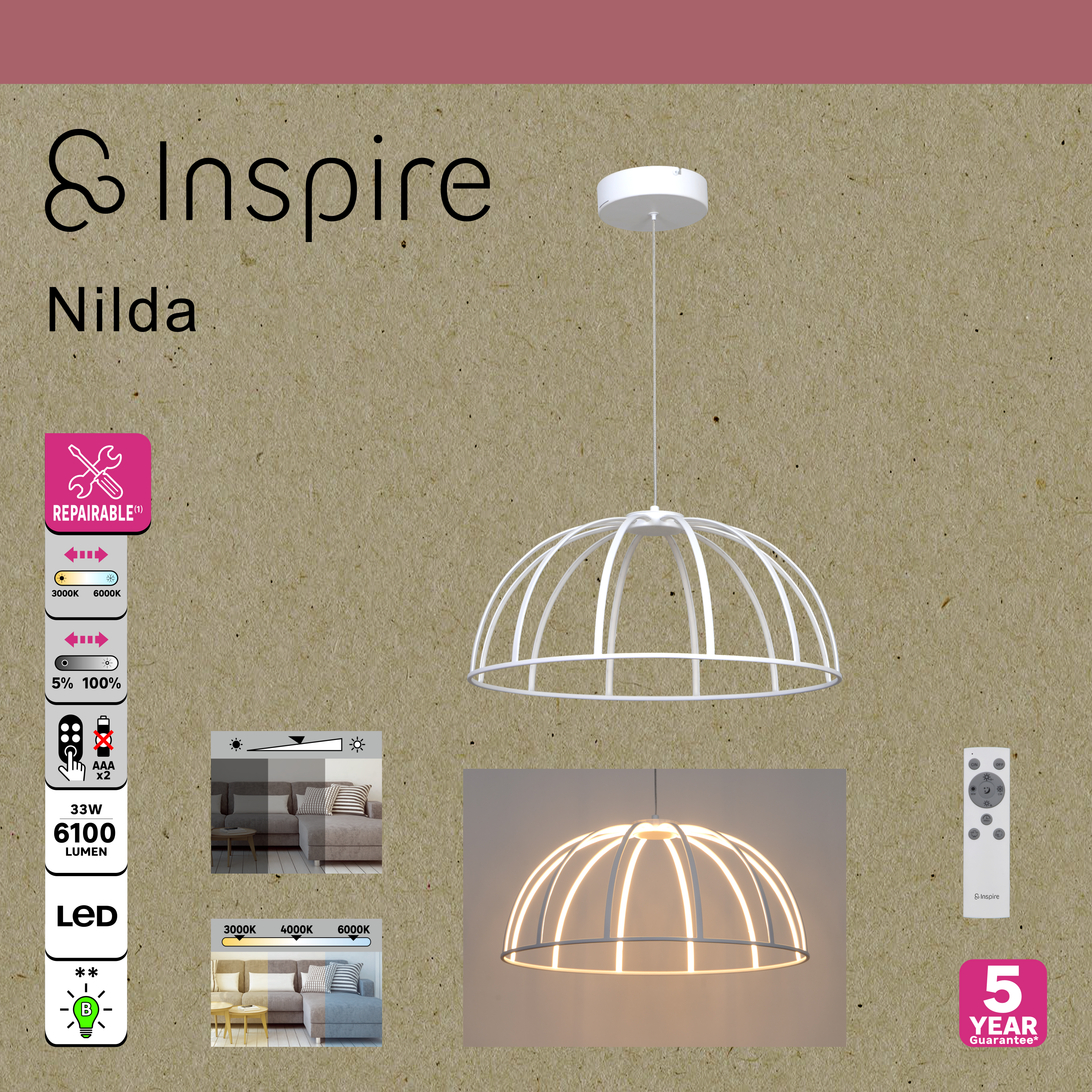 Lampa wisząca Nilda biała LED Inspire - 11