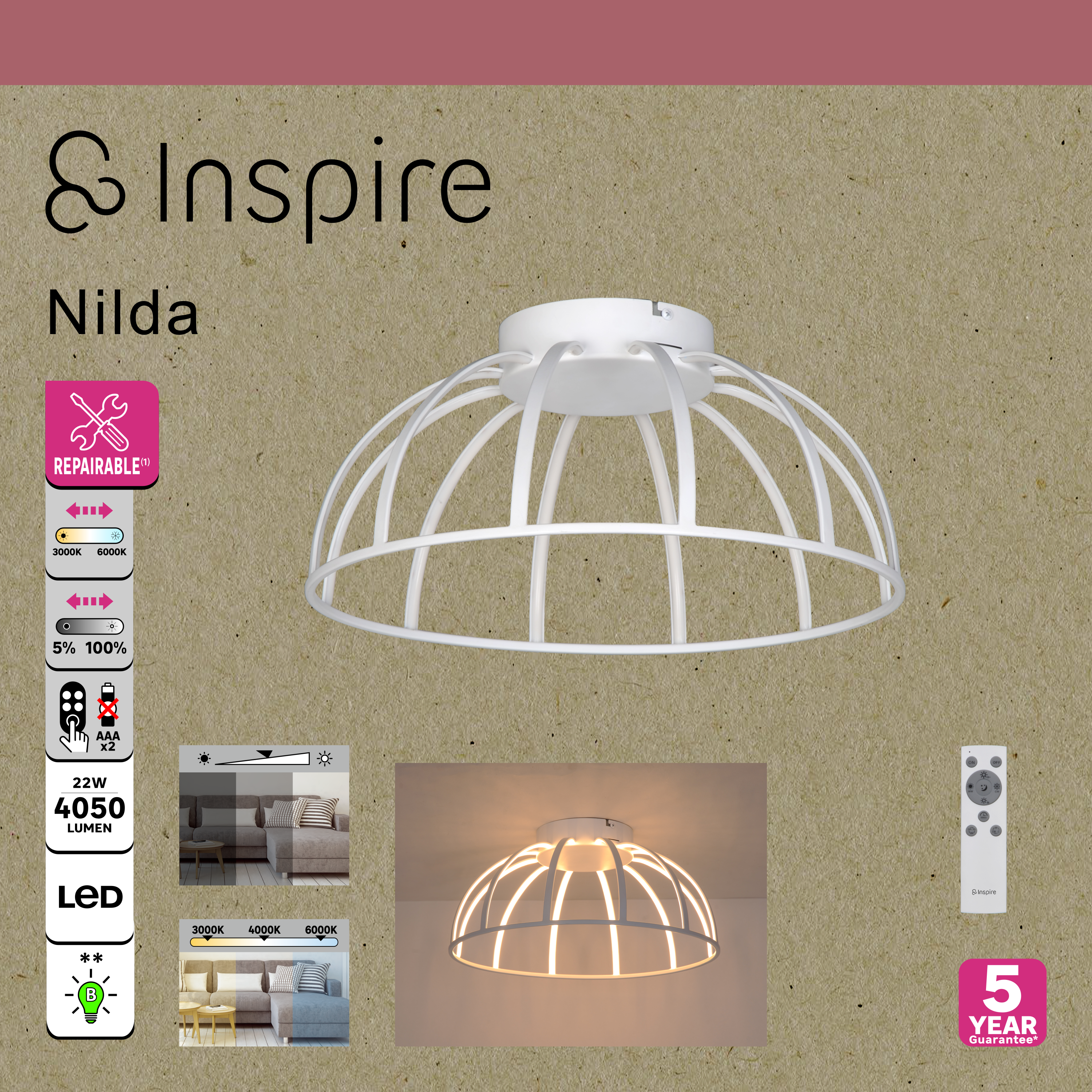 Plafonnier LED Nilda, acier blanc, variation de lumière, D.38cm - 11