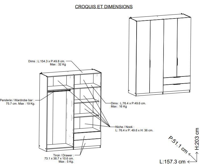 Armario puerta abatible Space 157.3x203x51.1cm con 4 puertas y 2 cajones color blanco - 2