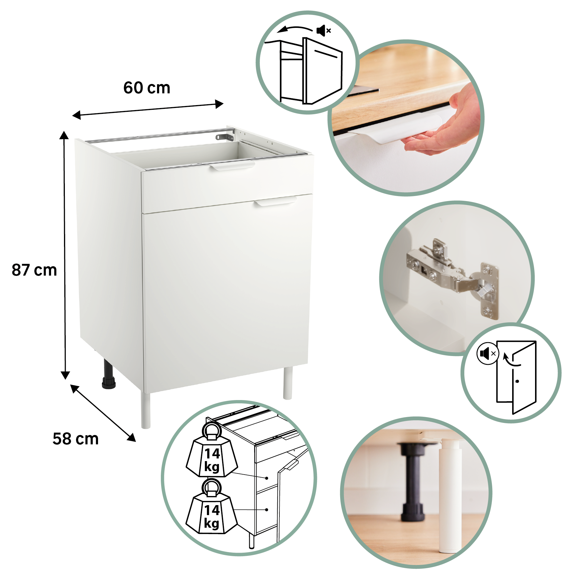 Mueble bajo de cocina Eleki Blanco 1 cajón + 1 puerta H 87.1 x L 60 cm - 2