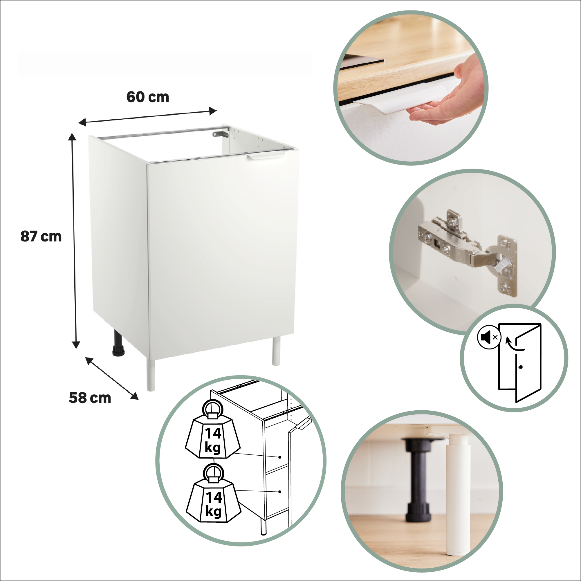 Meuble bas de cuisine Eleki blanc 1 porte H87.1 x l60 - 4