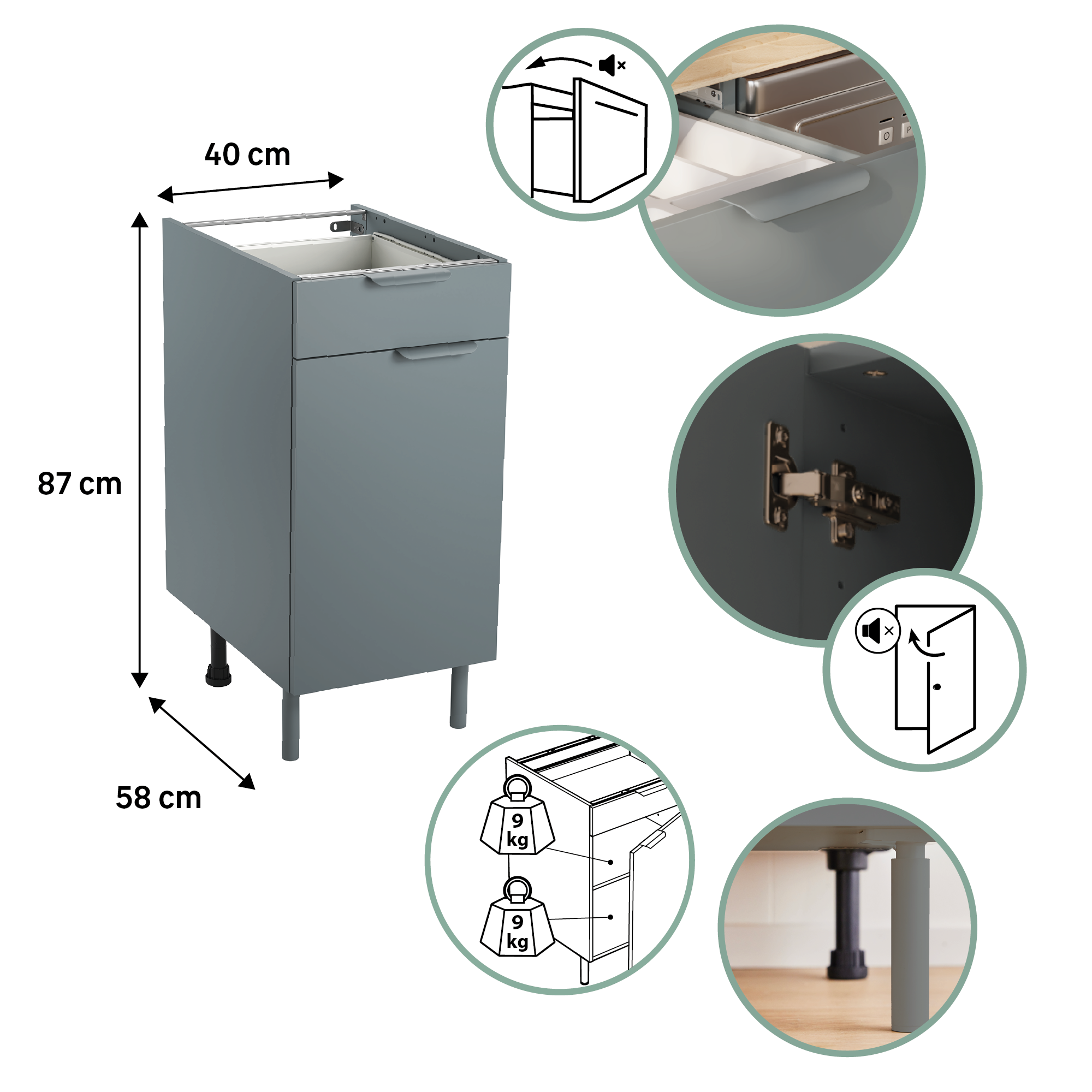 Mueble bajo de cocina Eleki Gris 1 cajón + 1 puerta H 87.1 x L 40 cm - 2