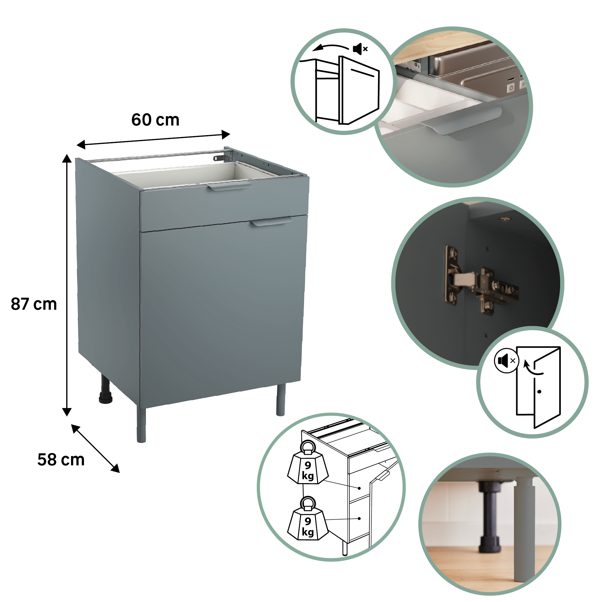 Meuble bas de cuisine Eleki gris 1 porte et 1 tiroir H87.1 x l60 - 7