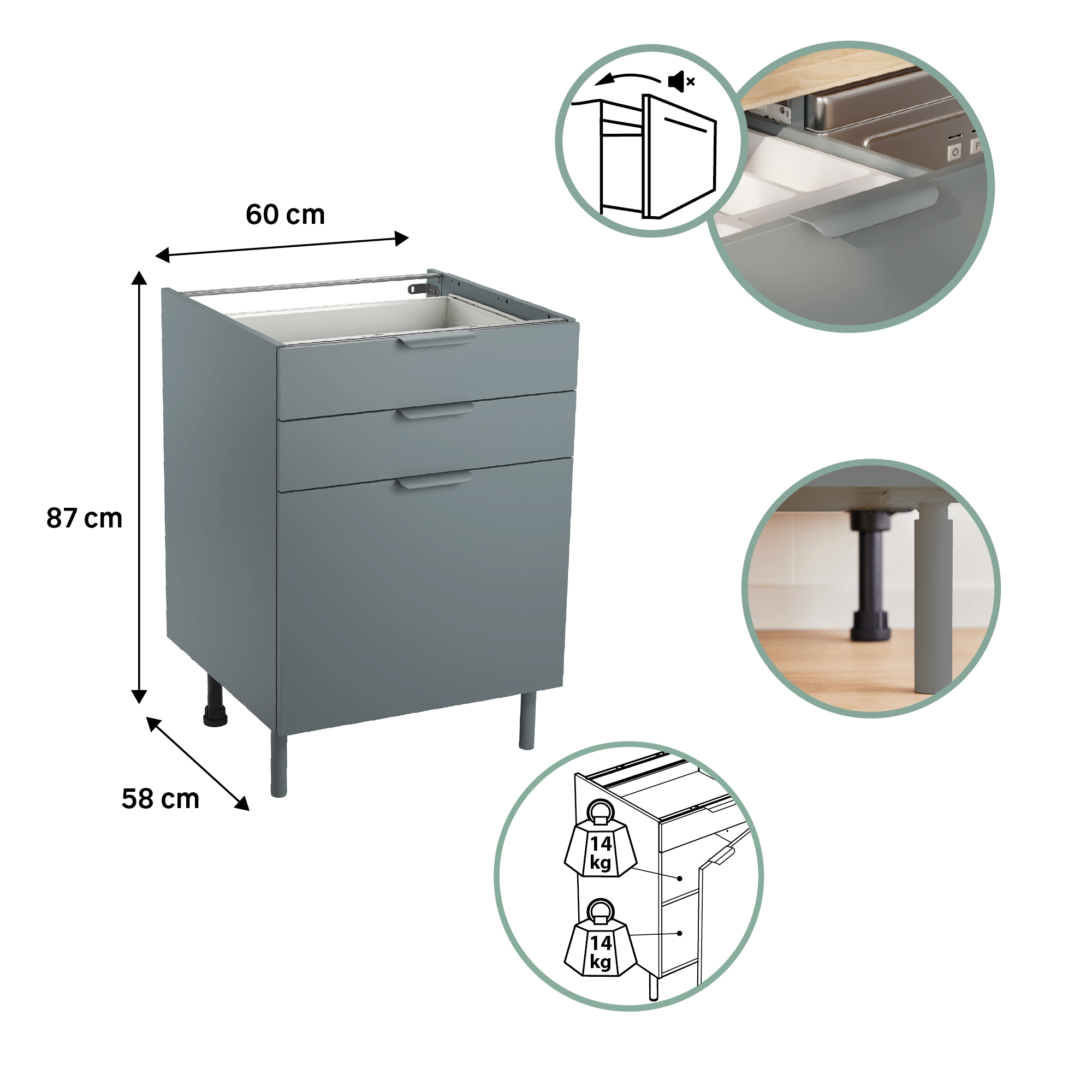 Meuble bas de cuisine Eleki gris 3 tiroirs H87.1 x l60 - 7