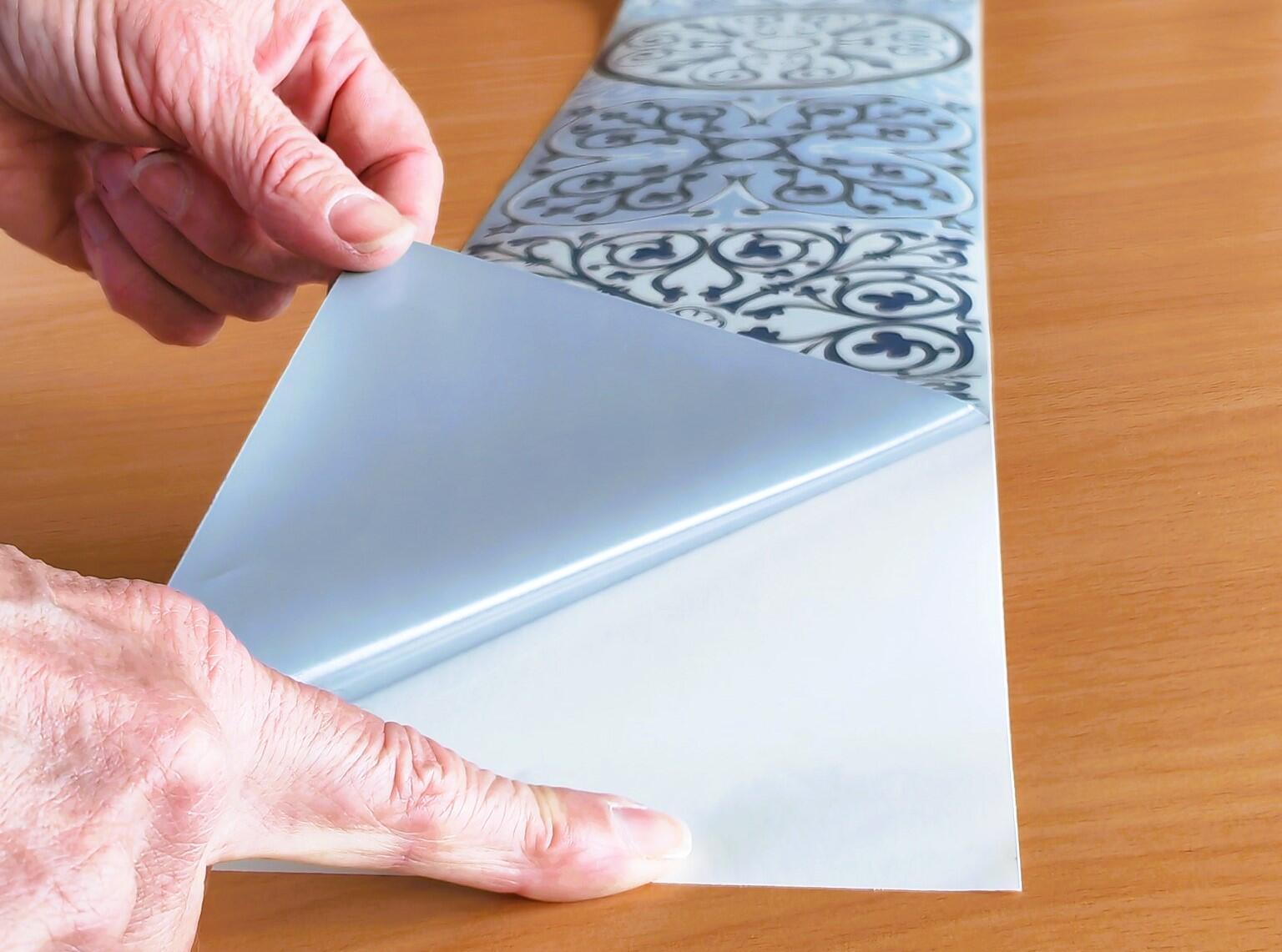 Cenefa adhesiva PVC lavable geométrico Azulejos azul 15 cm x 3 m - 3