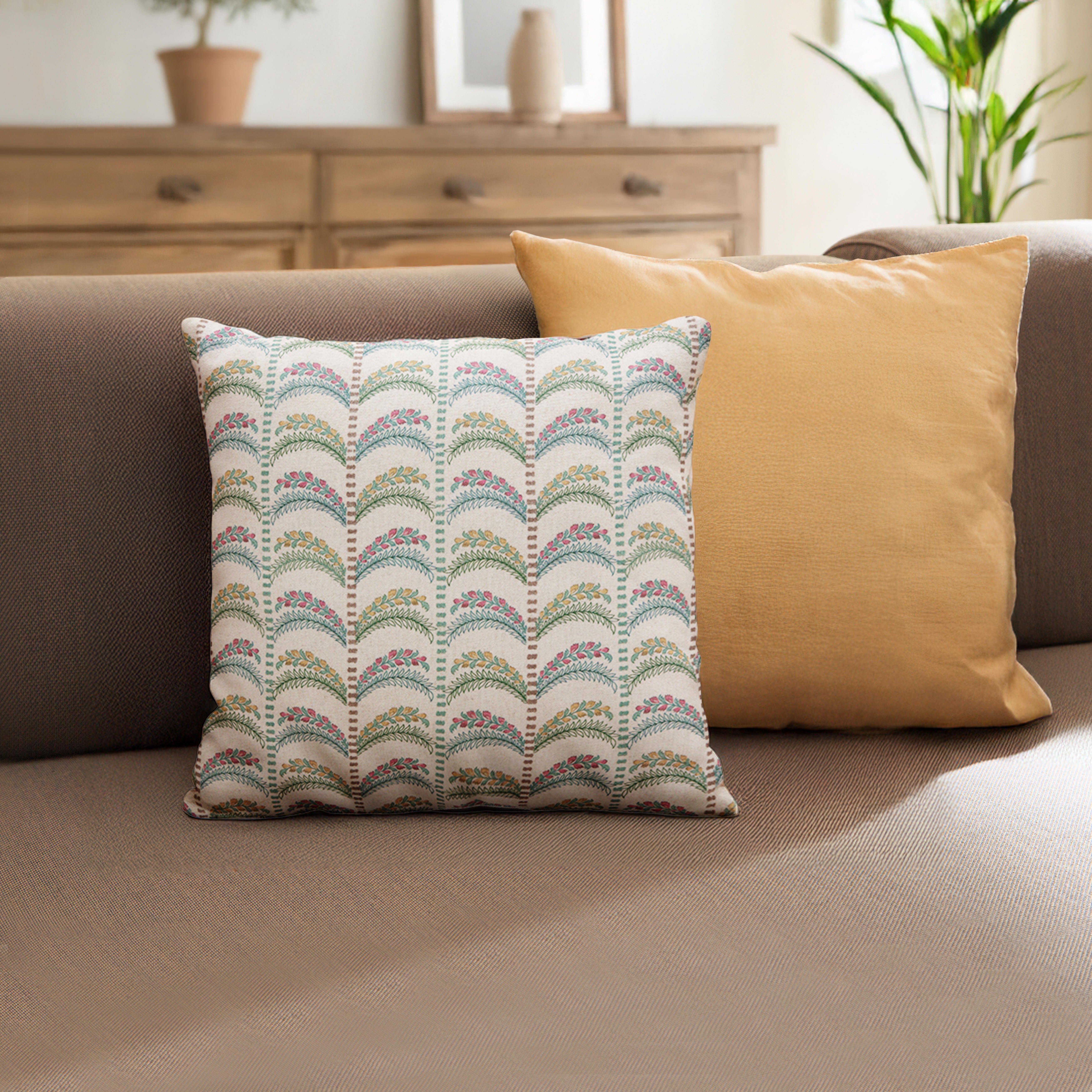 Cojín decorativo cuadrado Loreto Coord espigas algodón, lino azules rojas sobre fondo crudo 50x50cm - 3