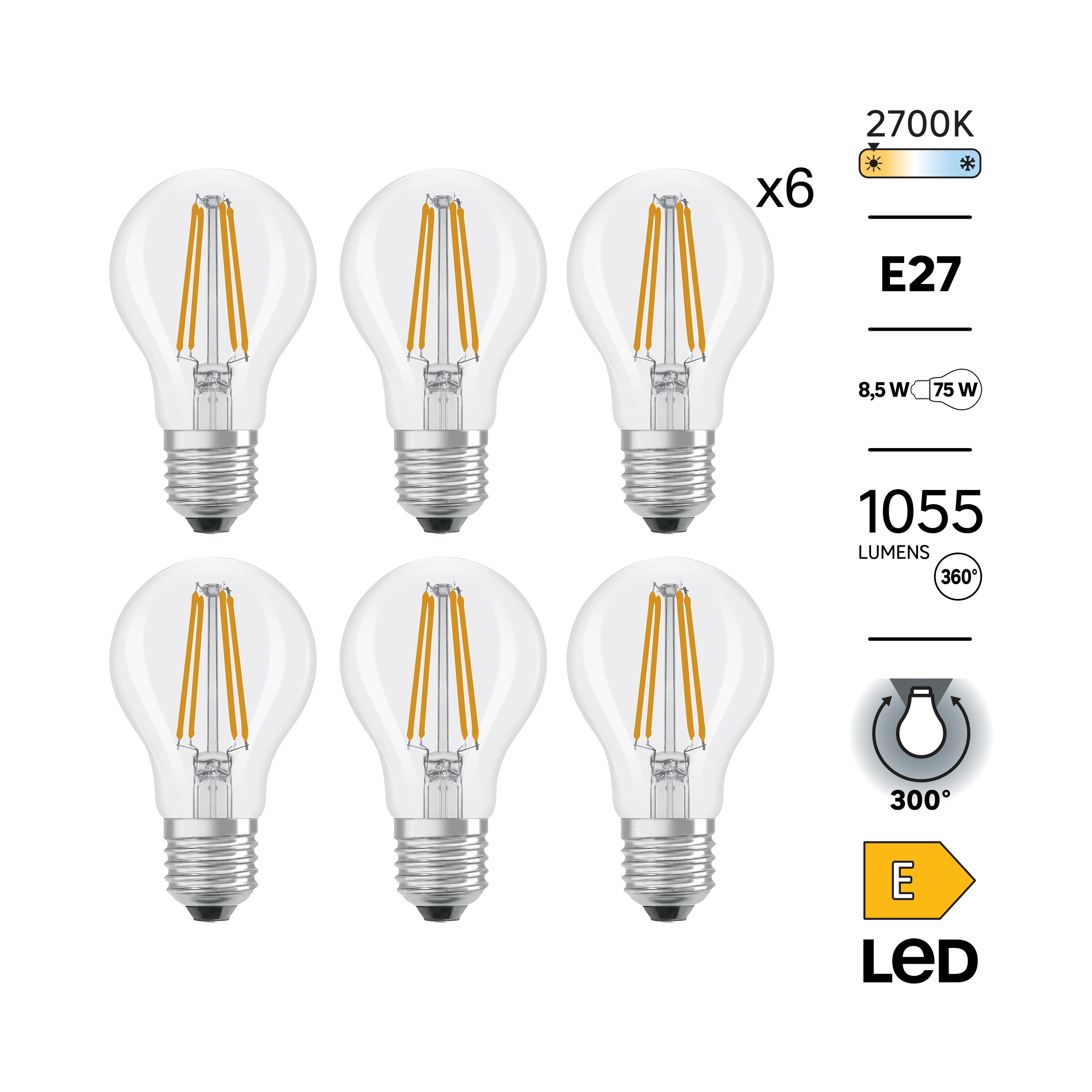 Lot 4 + 2 ampoules led, E27, 1055lm = 75W, blanc chaud - 4