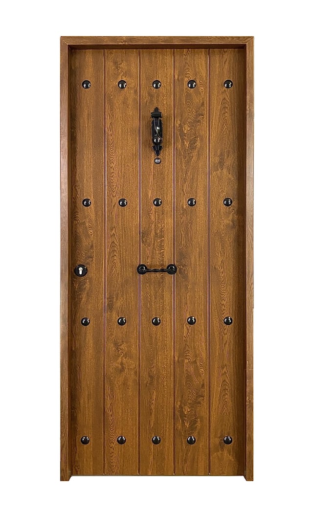 PUERTA ENTRADA RESIDENCIAL METAL RUSTICA PVC NOGAL 80 CM IZQUIERDA