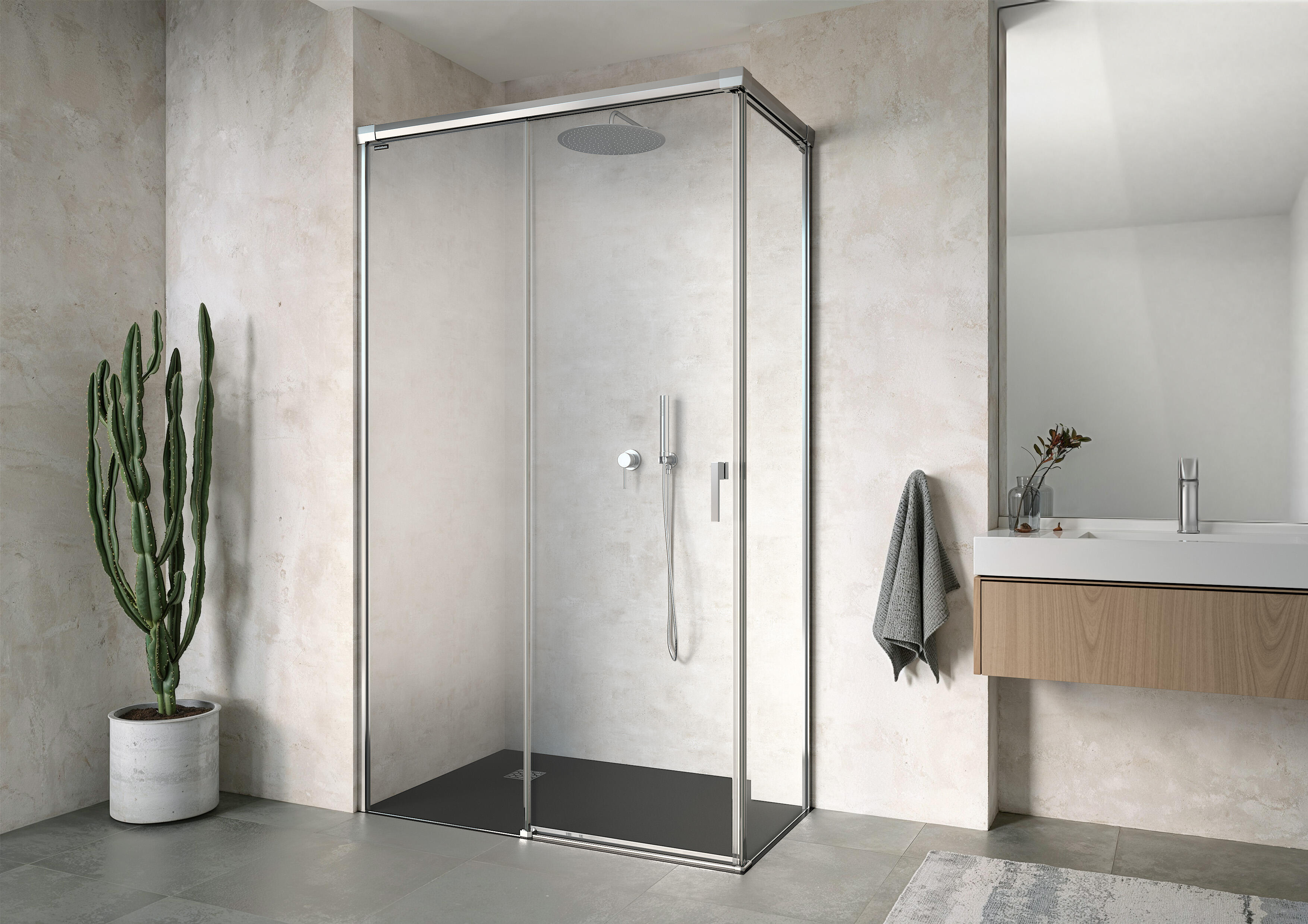 Mampara de ducha frontal con panel fijo lateral corredero transparente mode one perfil plata (170-175)+75 x200 cm