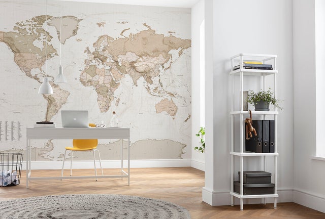 Mural Objetos Earth Map Beige de 350 x 250 cm. No tejido liso. Lavable. Material de la base: No tejido y método de pegado: Pegamento en la pared.