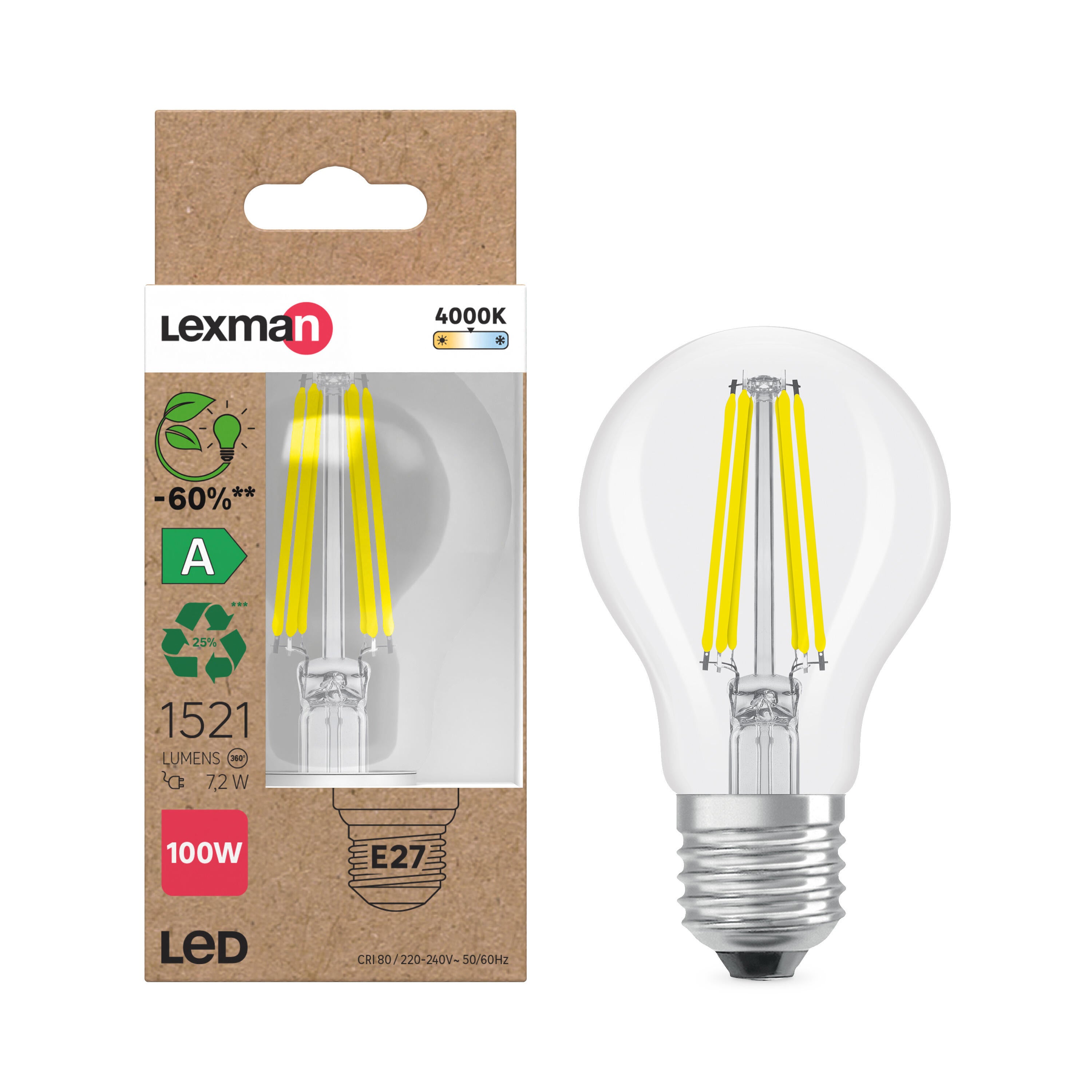 Bombilla LED E27 filamento clase A (mayor ahorro energético)  forma estándar 1521 lúmenes 7.2W color de la luz blanco neutro 4000K CRI 89-80 luz natural y fiel - 4