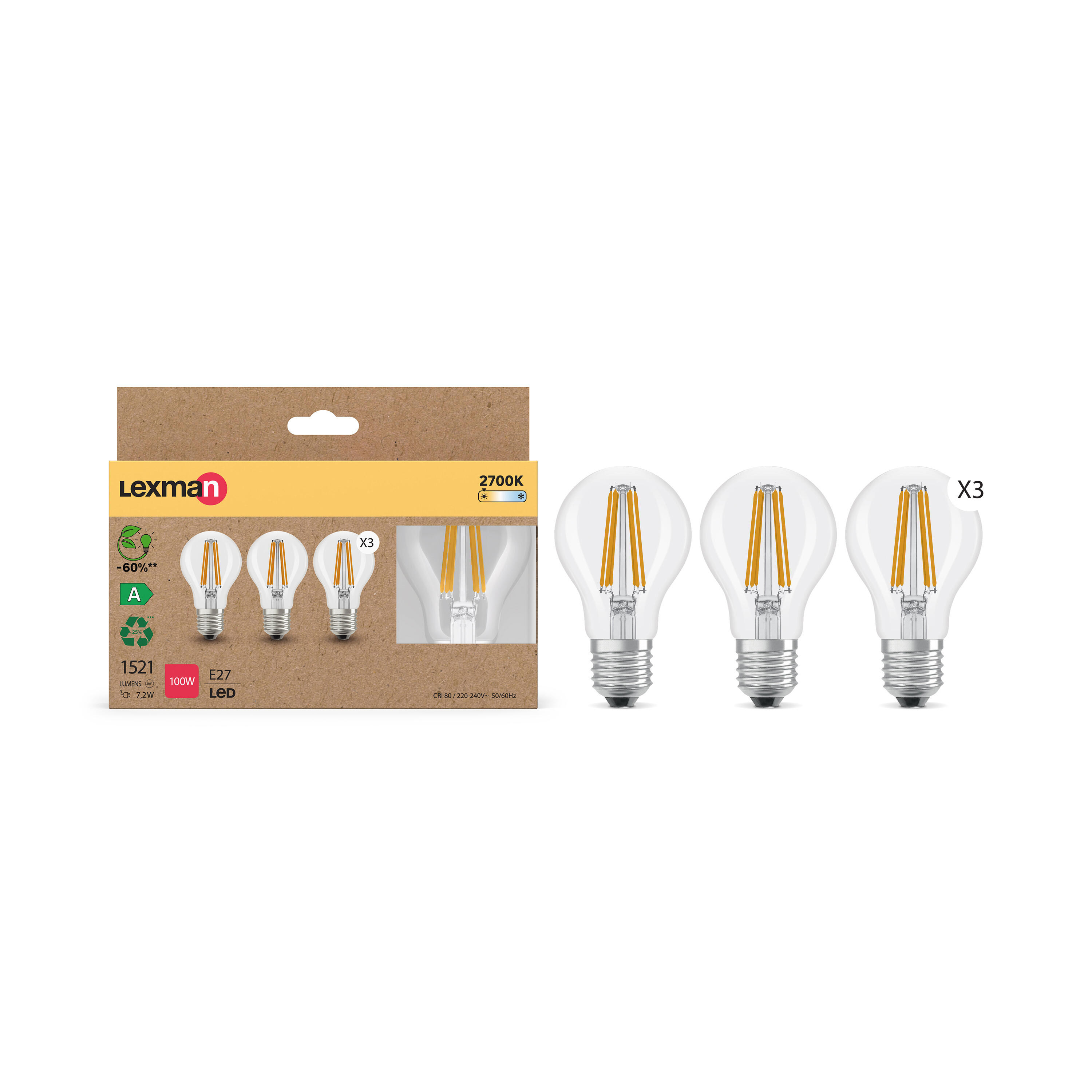 Żarówka LED 3 szt. E27 7.2 W 1521 lm Ciepła biel Lexman - 2
